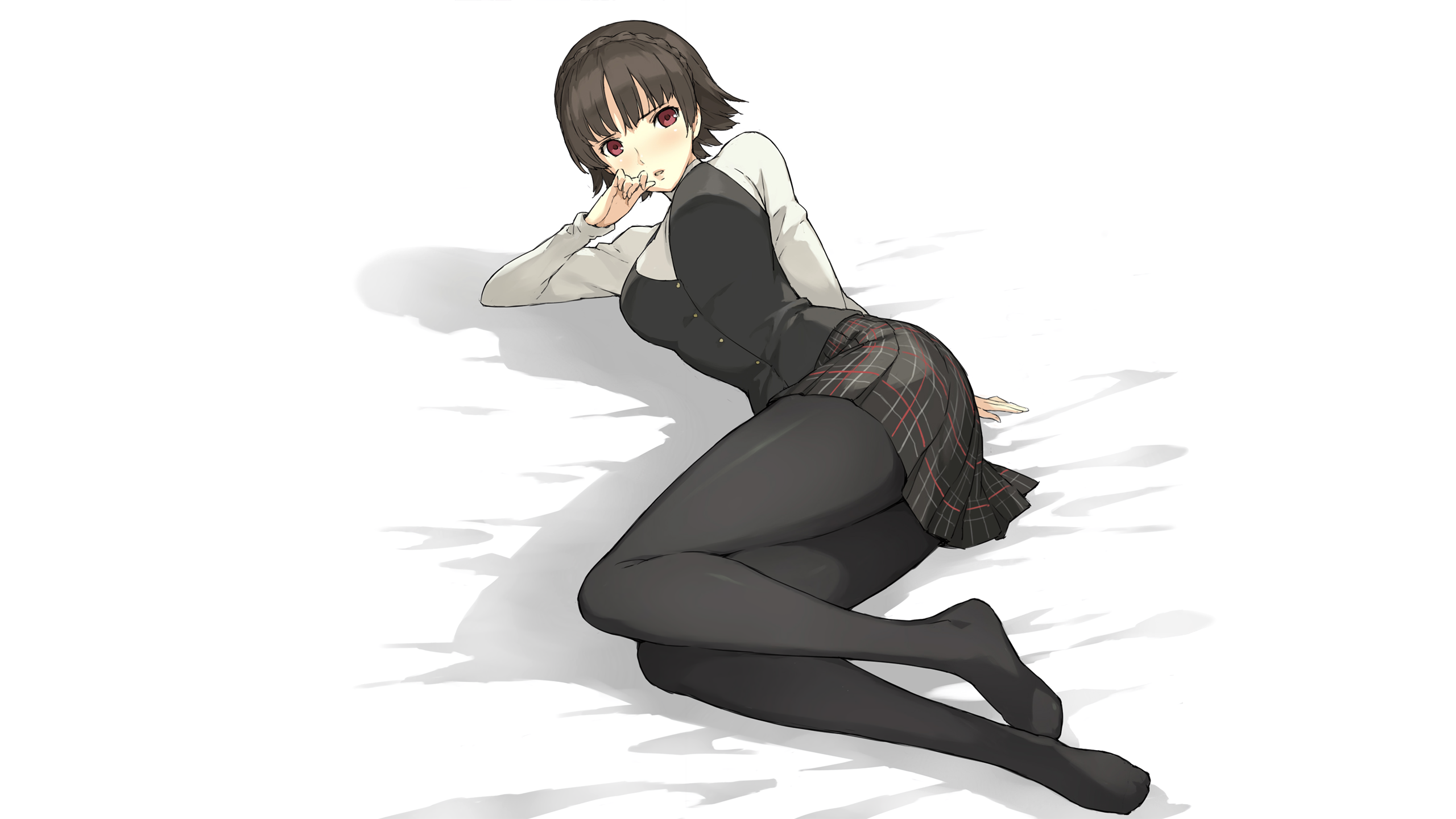 Anime Anime Girls Simple Background Persona 5 Makoto Niijima Schoolgirl School Uniform Tights Black  2560x1440