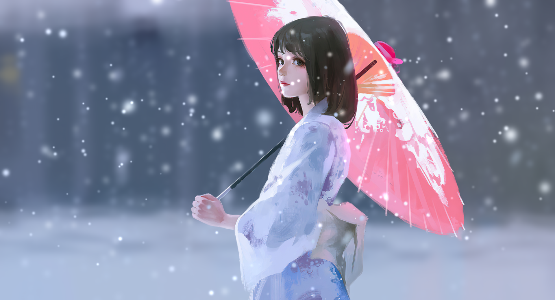 Anime Girls Short Hair Asian Kimono Japanese Clothes Dark Hair Umbrella DannyLaiLai 1920x1040