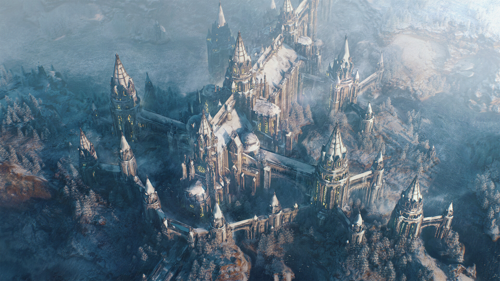 Oliver Beck Digital Art Fantasy Art Castle Snow Trees Western Architecture Gothic Architecture 1920x1080