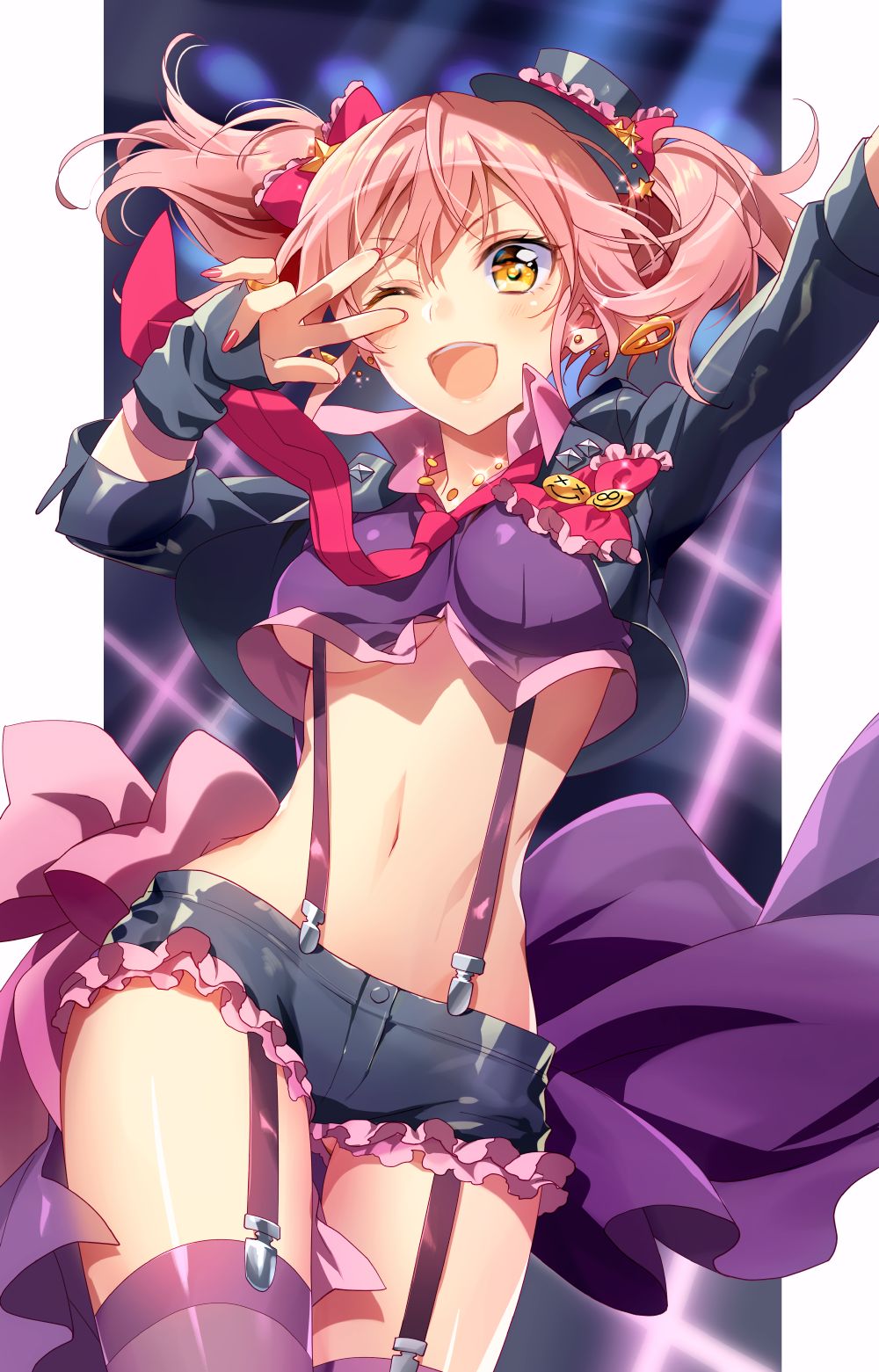 Pink Hair Yellow Eyes Purple Stockings Purple Dress Purple Shirt Purple Top Hat Sparkle 1000x1561