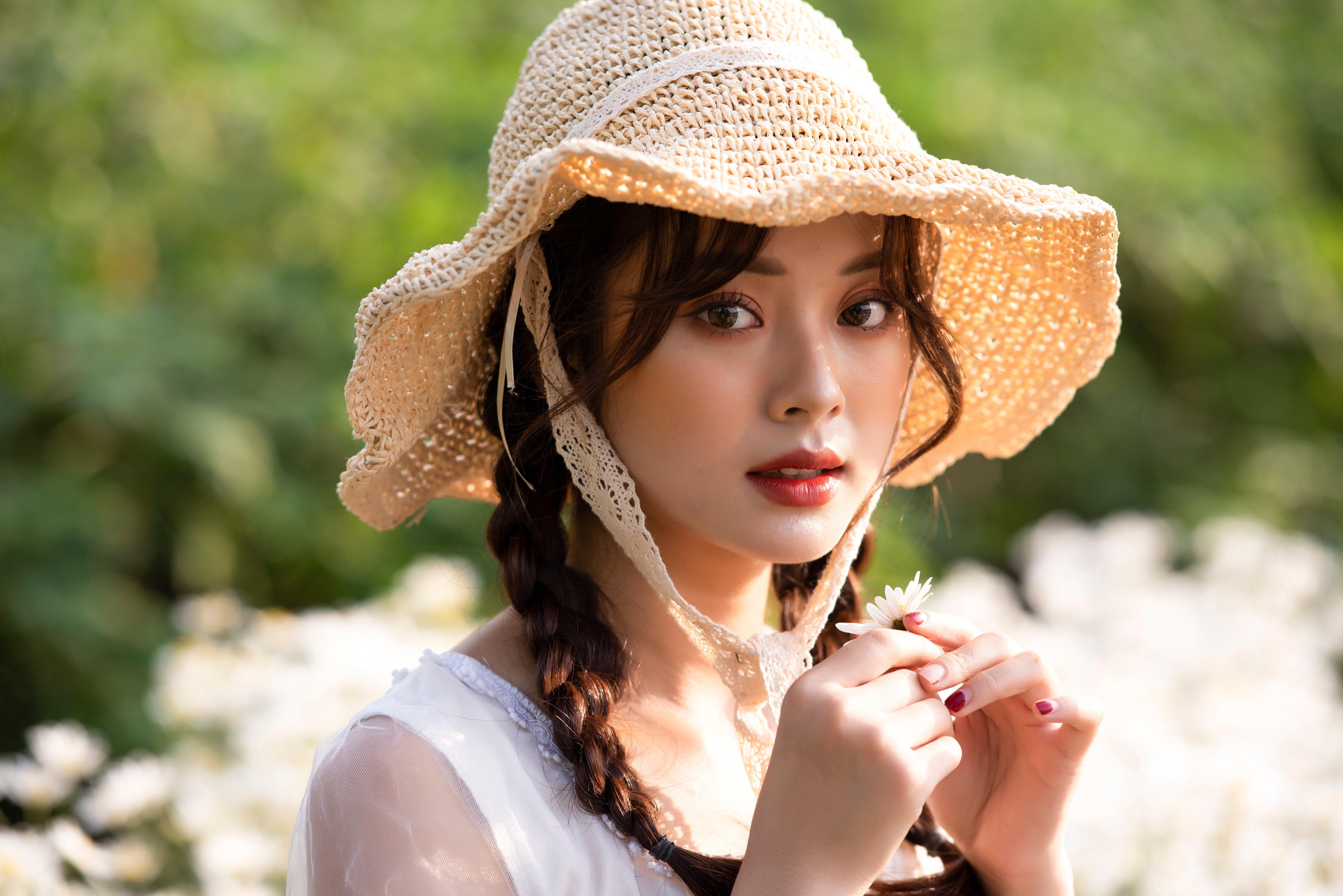Asian Model Women Long Hair Dark Hair Depth Of Field Straw Hat White Dress Braided Hair Twintails Pa 3680x2456