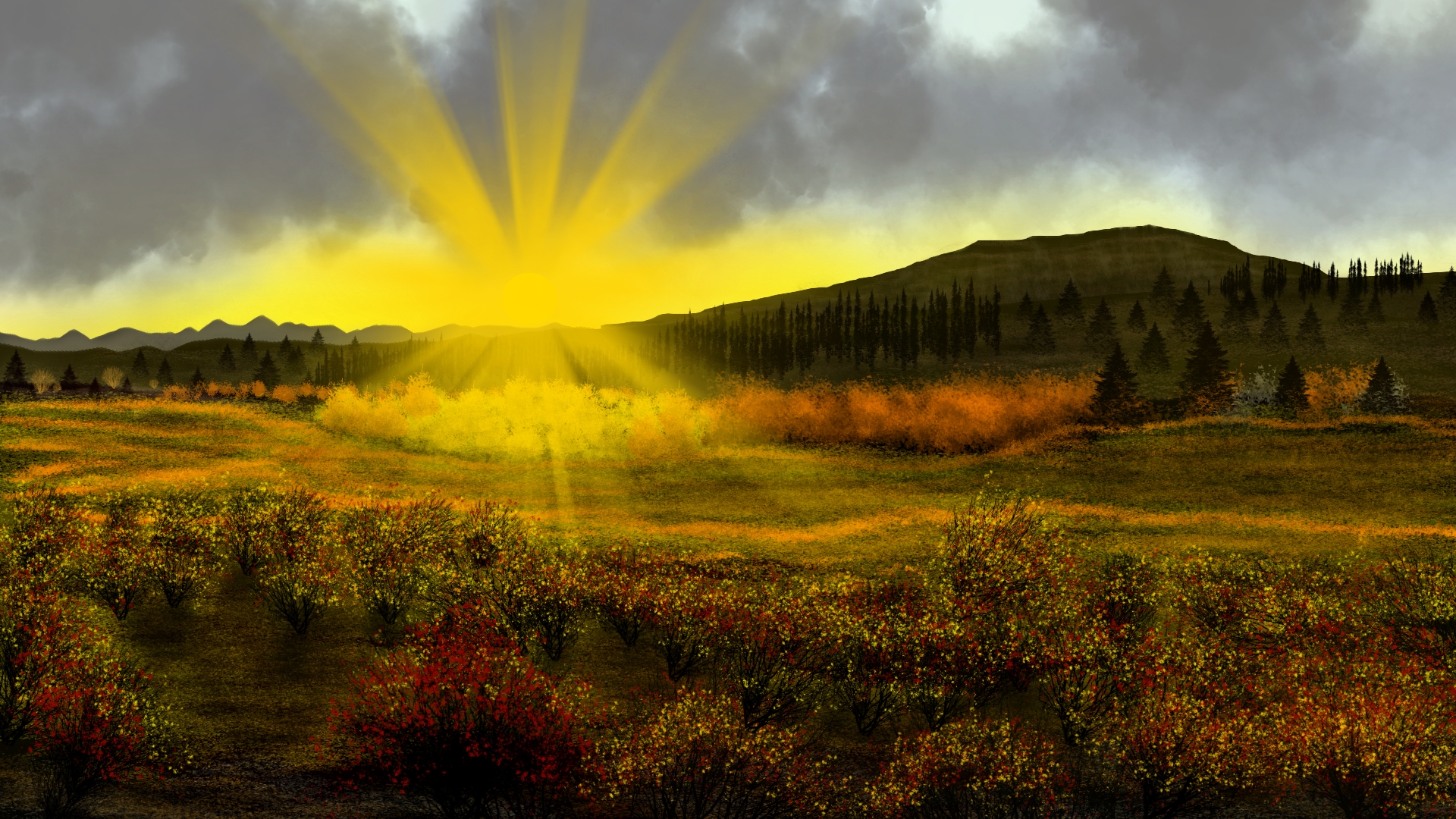 Digital Painting Digital Art Nature Sunburst Dawn 1920x1080