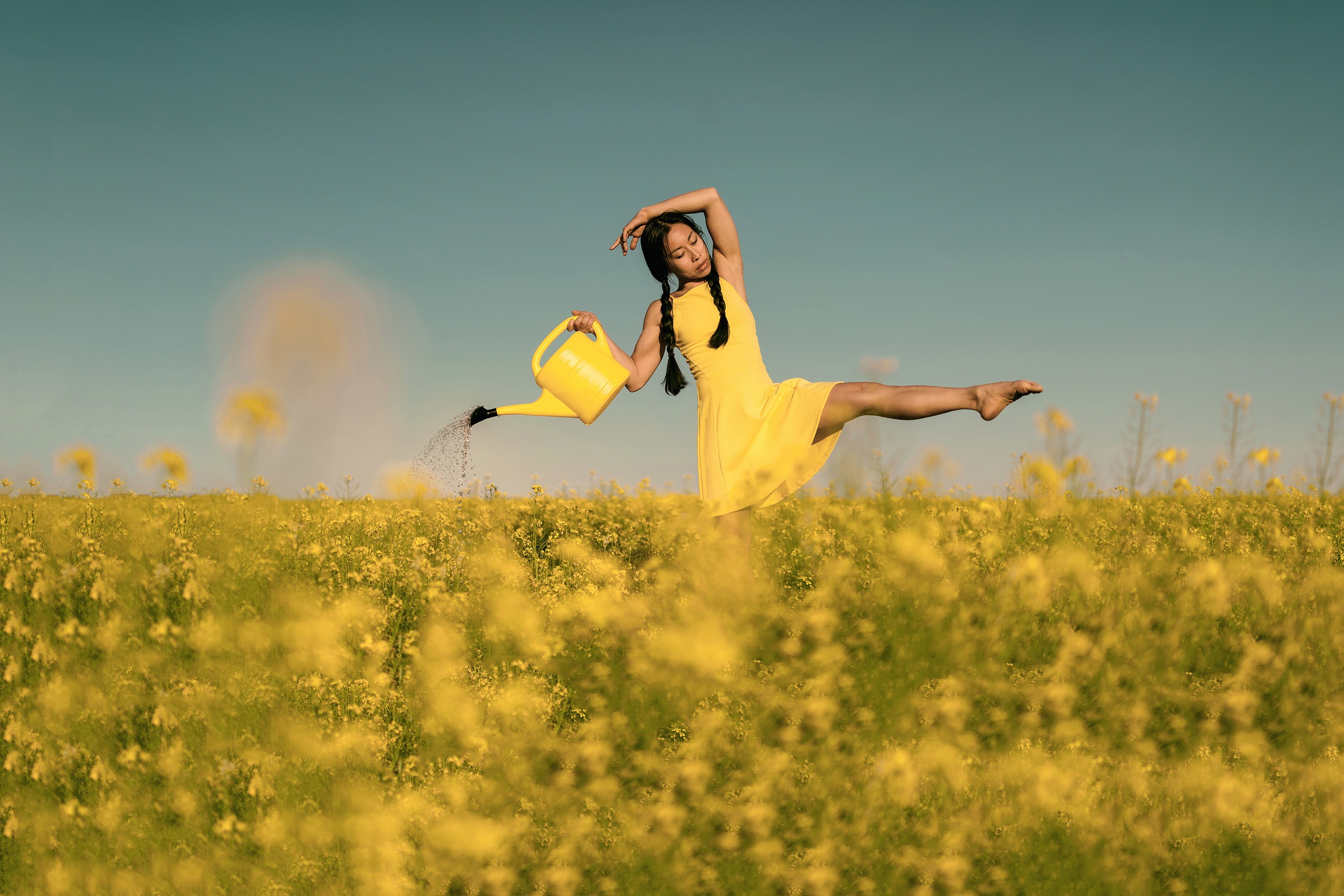 Black Hair Braid Field Girl Model Mood Summer Woman Yellow Dress 2048x1365