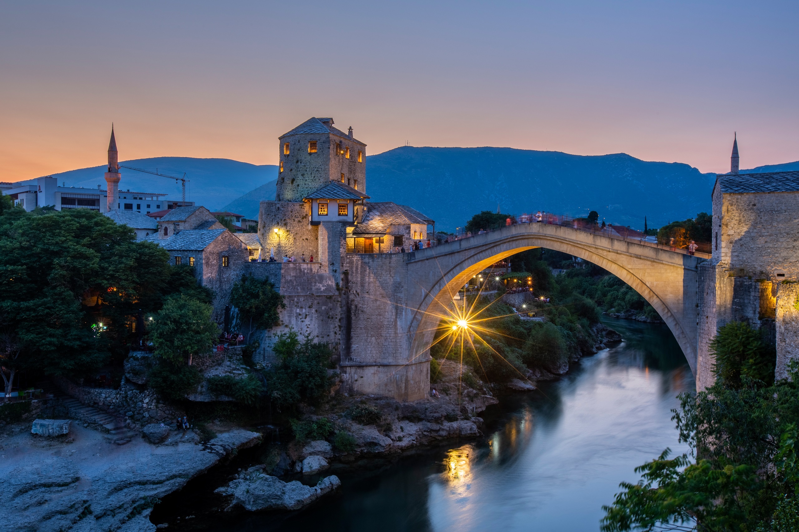 Bosnia Town Outdoors River Lights Bridge Evening Mostar 2560x1707