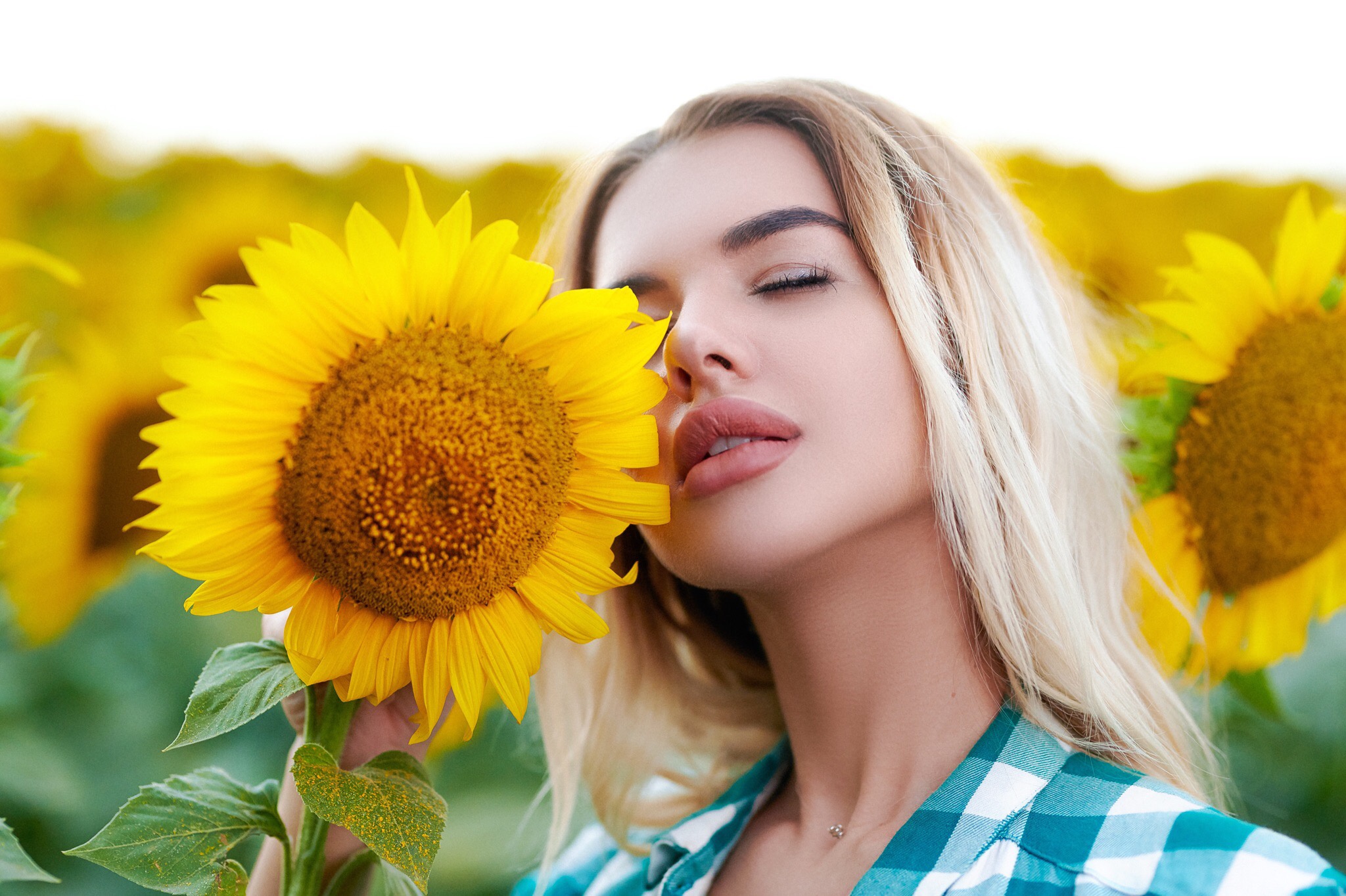 Women Model Face Closeup Sunflowers Flowers Yellow Flower Plants Dyed Hair Women Outdoors Plaid Shir 2048x1364