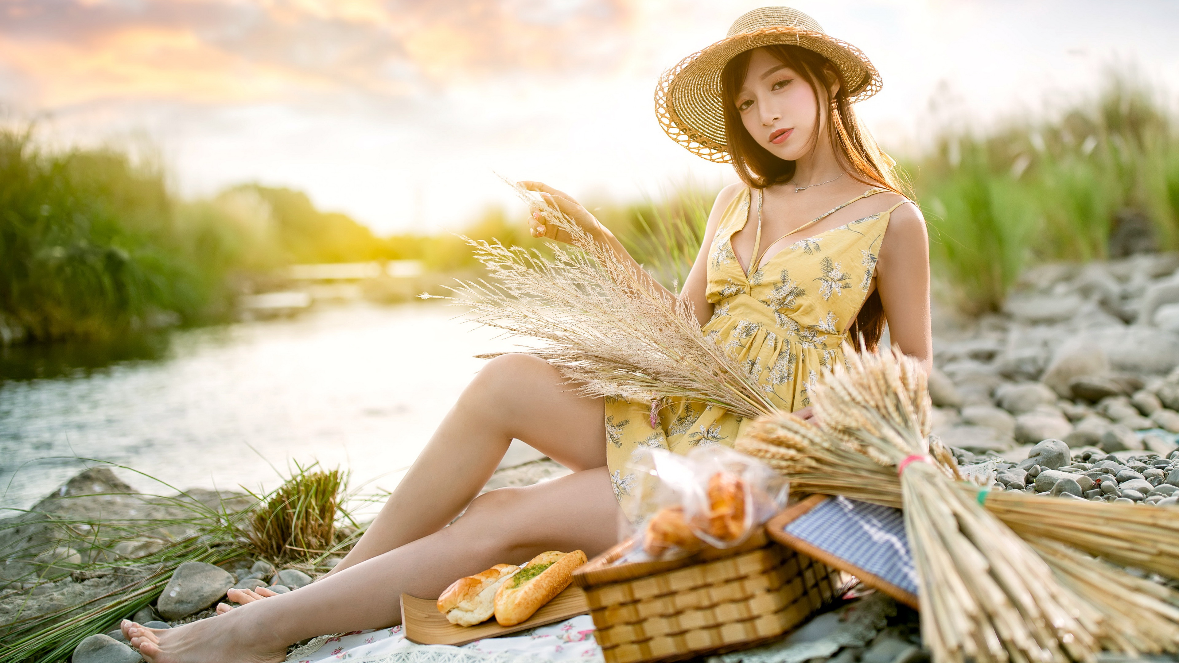 Women Women Outdoors Outdoors Asian Model Hat Women With Hats Looking At Viewer Dress Summer Dress Y 3840x2160