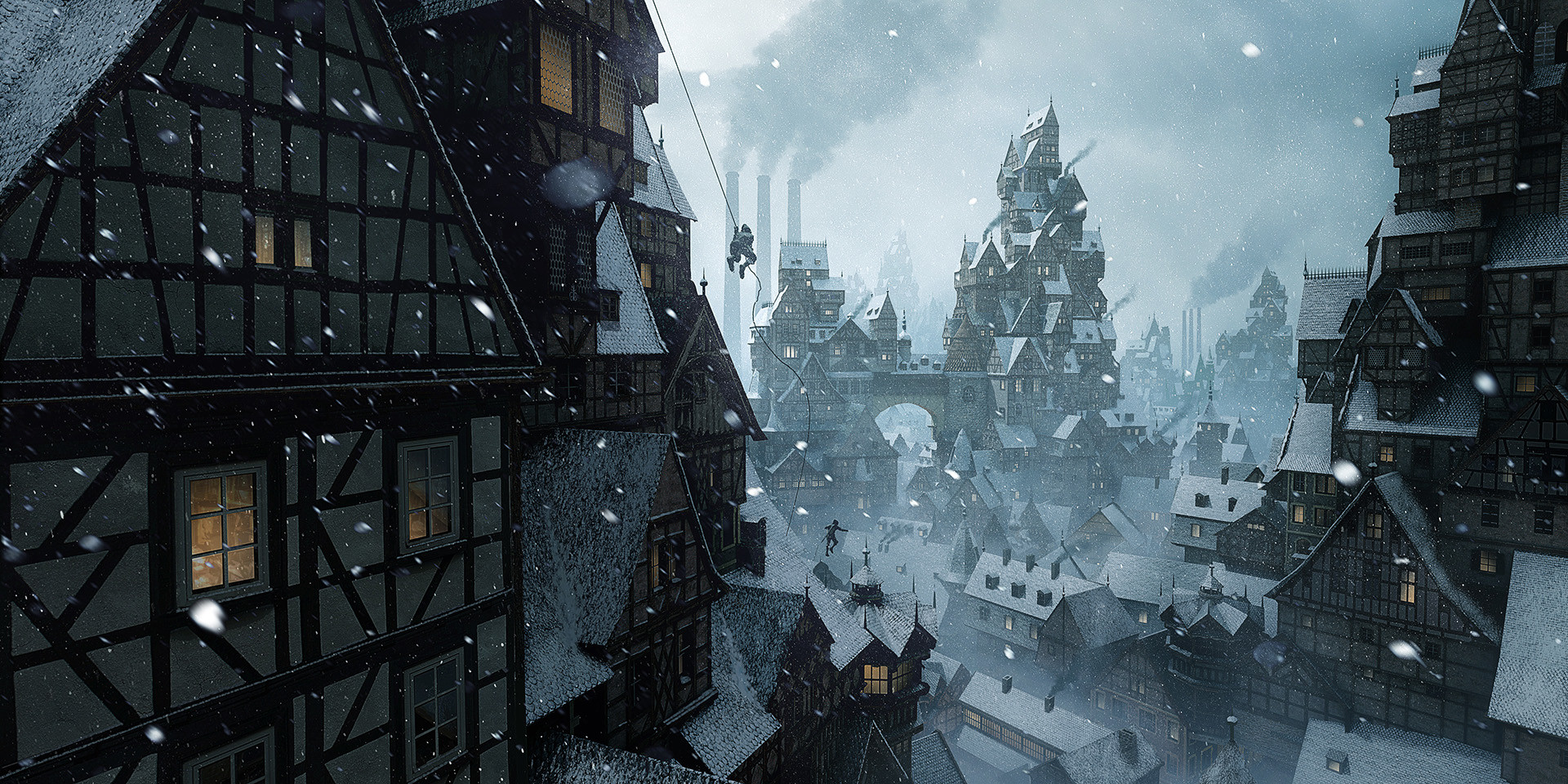 Tarmo Juhola Digital Art Fantasy Art Fantasy City Snow City Rooftops 1920x960