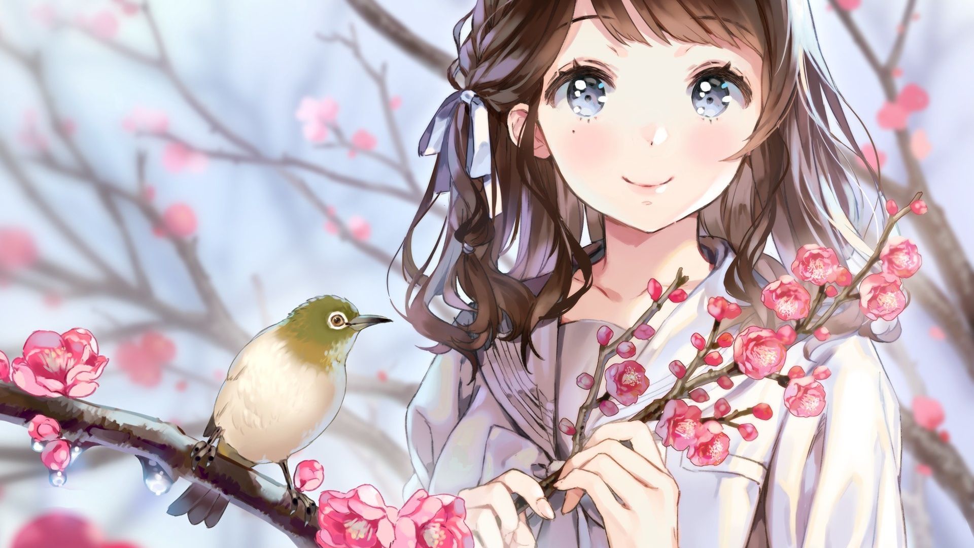 Anime Anime Girls Birds Flowers Trees Cherry Blossom Smiling School Uniform Brunette Cropped Artwork 1920x1080