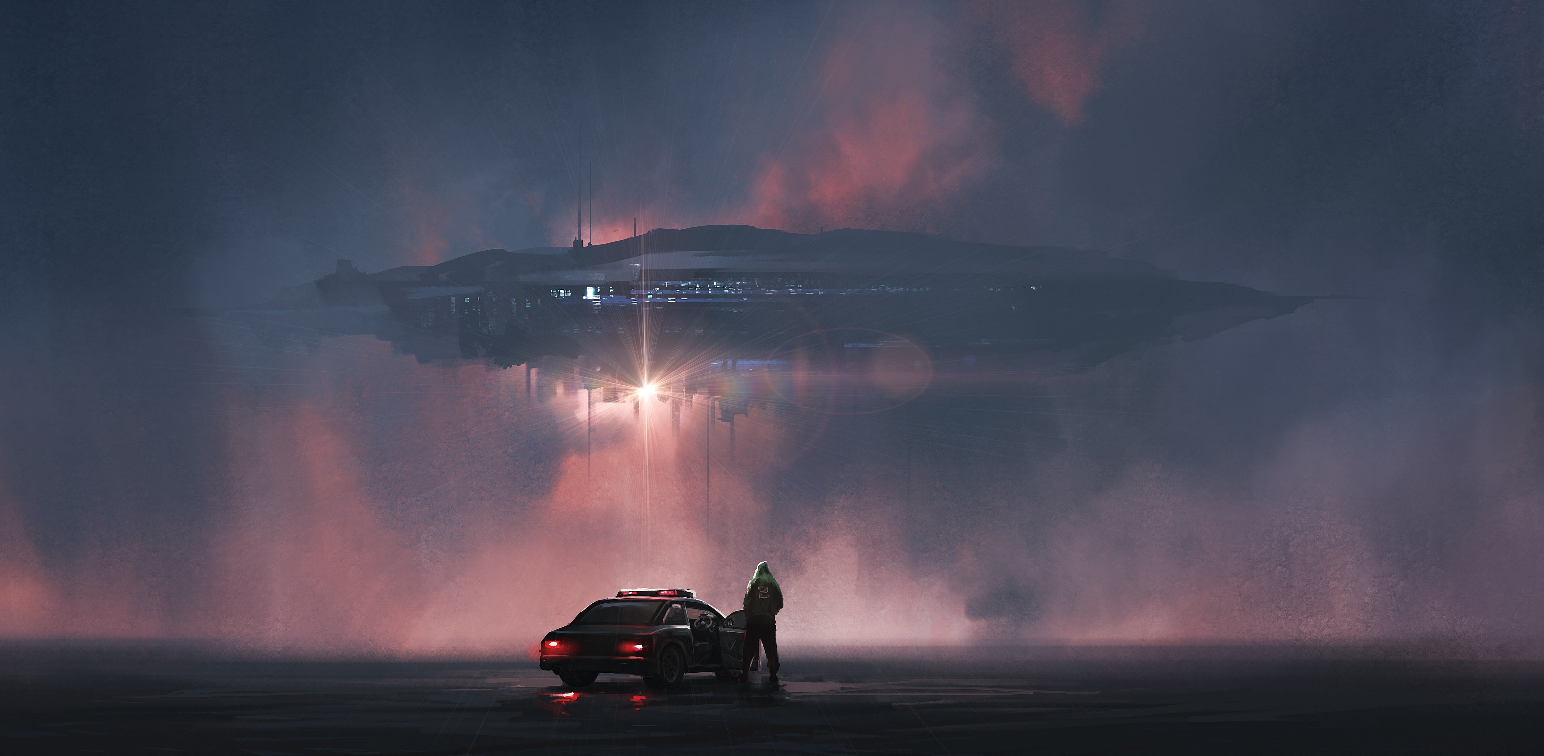 Science Fiction Spaceship Digital Art Artwork Futuristic Car Men Police Cars Lights Mist Clouds 5000x2450
