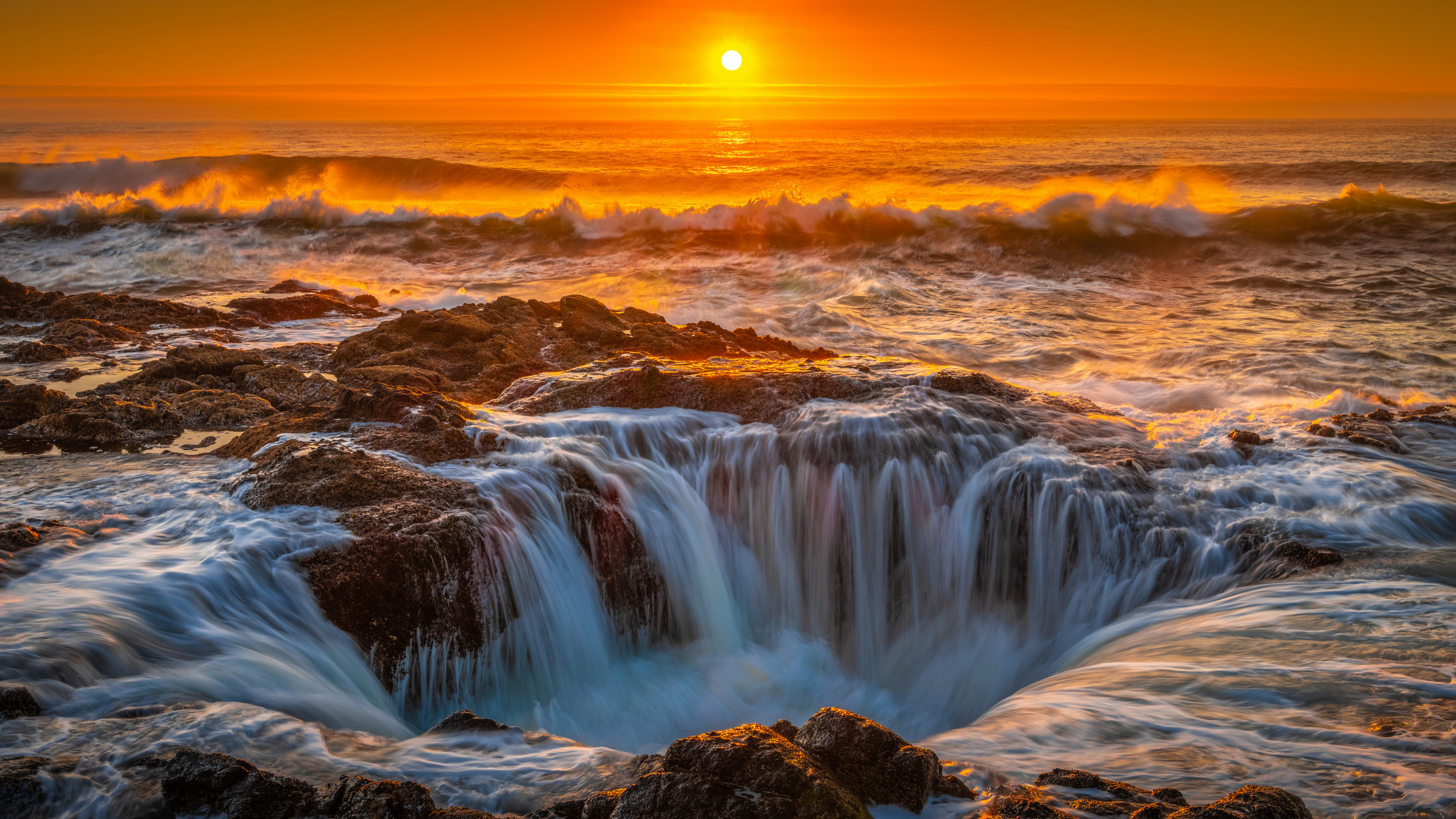 USA Sea Coast Waves Sunset Sky Nature Rocks 3840x2160