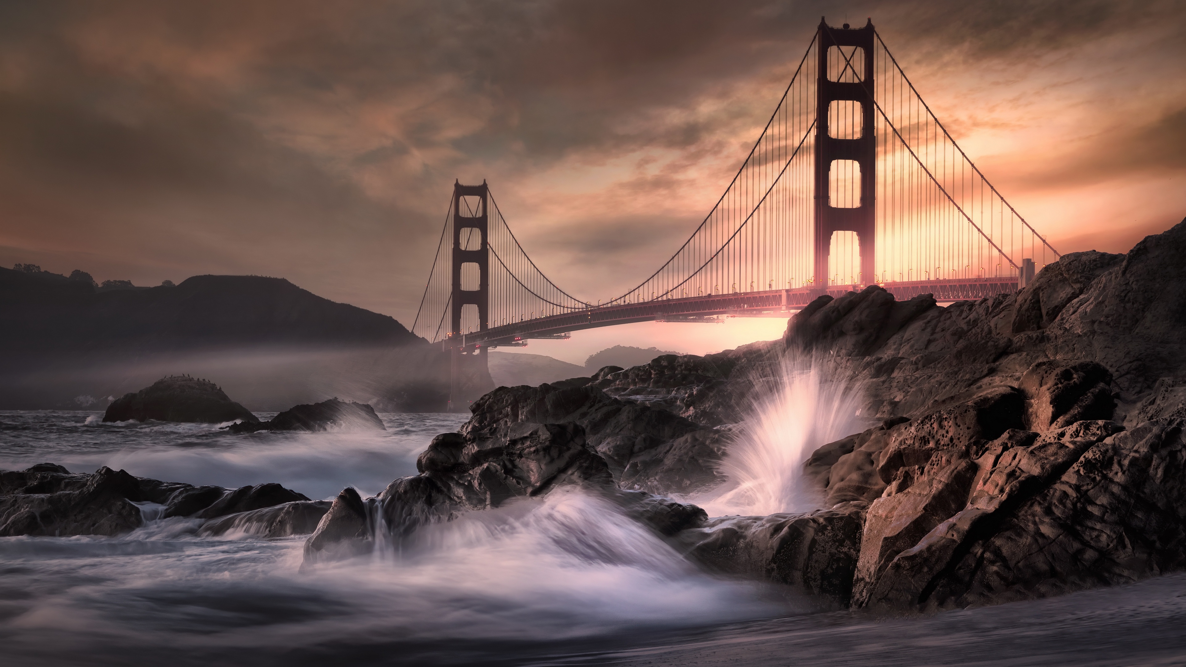 USA Golden Gate Bridge California Bridge Coast Waves Stones Sky 3840x2160