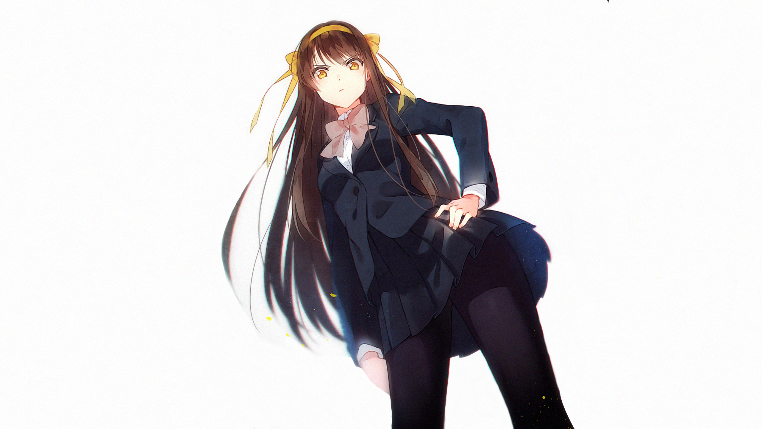 Haruhi Suzumiya Brown Hair Long Hair School Uniform Yellow Eyes 2560x1440