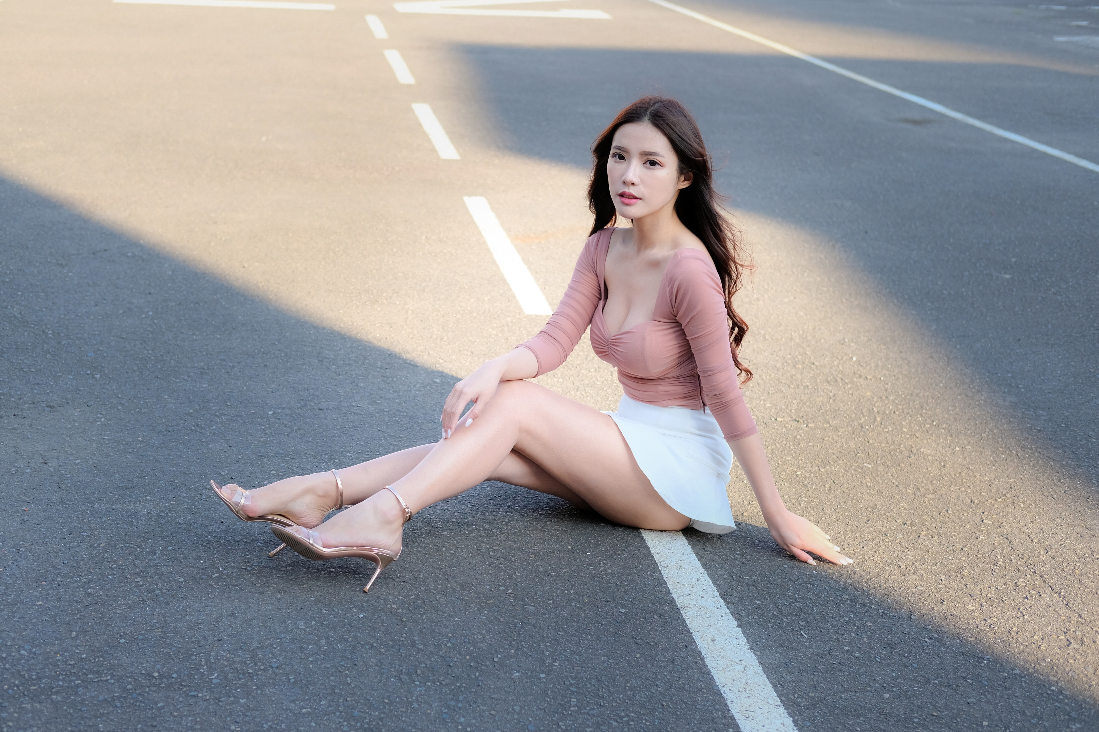 Vivi Babier Women Model Brunette Asian Looking At Viewer Parted Lips Pink Tops Ankle Strap Heels Sit 3840x2560