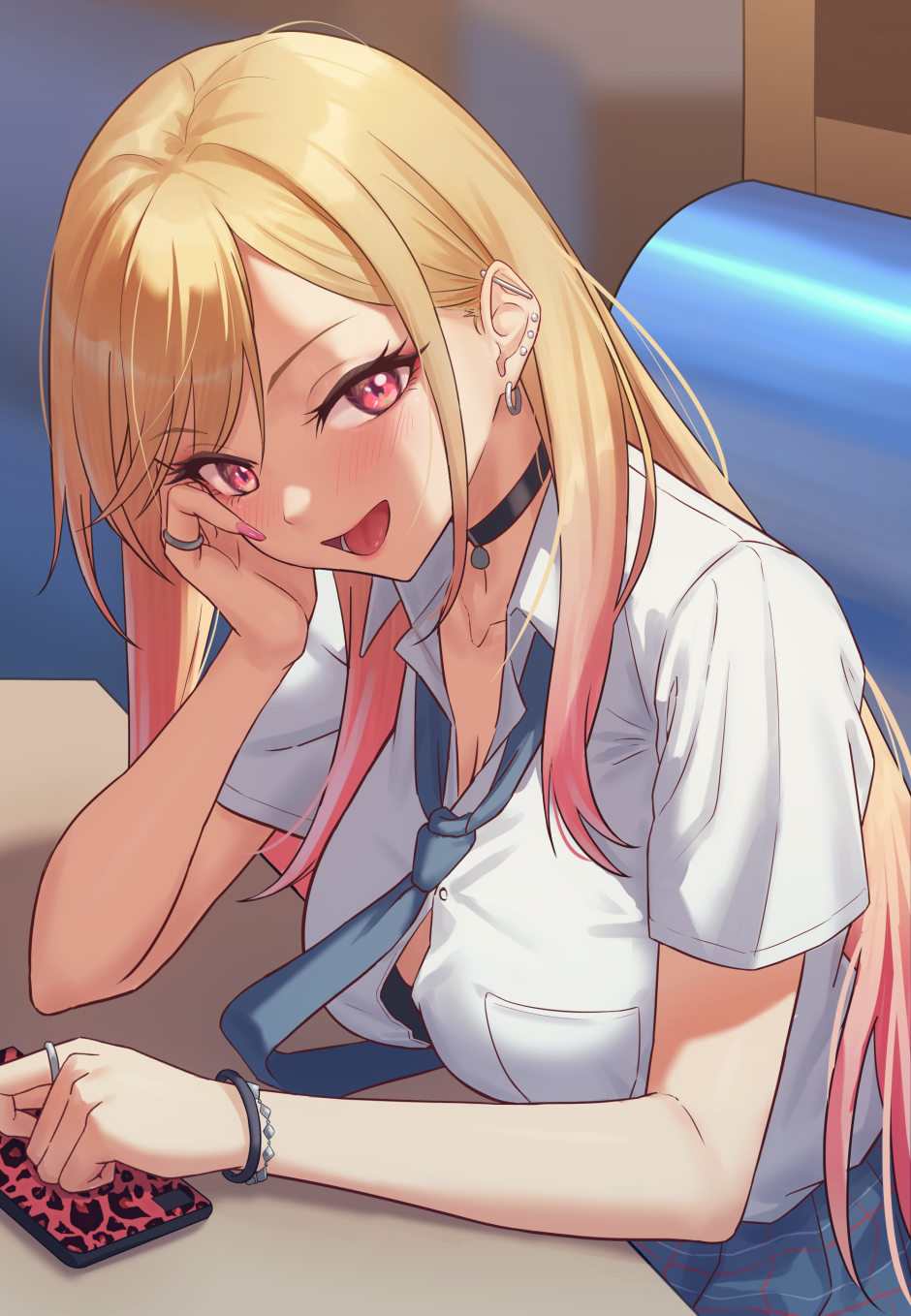 Anime Anime Girls Blonde Tie Long Hair Women Indoors Women Looking At Viewer Open Mouth Sitting Pink 940x1358