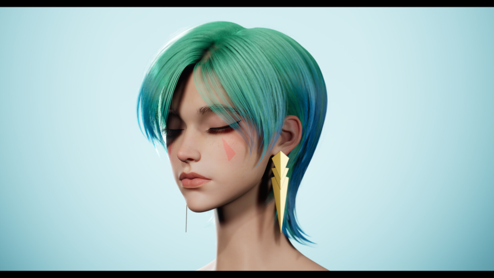 HehuiZ CGi Women Turquoise Hair Closed Eyes Face Paint Portrait Simple Background 1920x1080