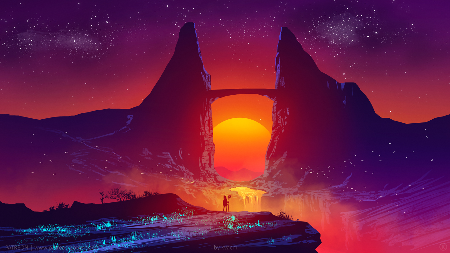 Kvacm Artwork Digital Art Colorful Arch Fantasy Art Sun Sunset Silhouette Glowing Night Sky Waterfal 1440x810