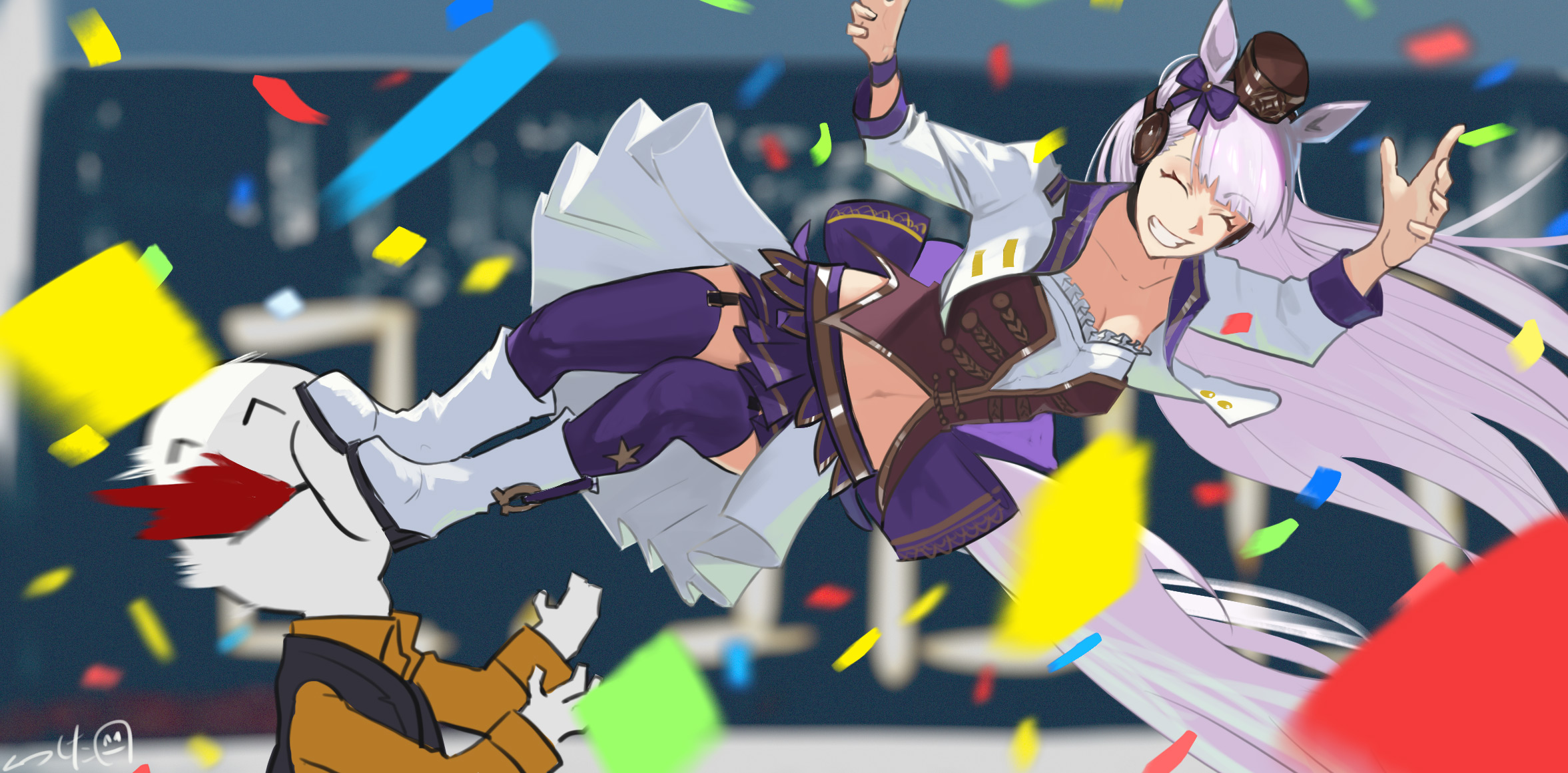Uma Musume Pretty Derby Smiling Anime Girls Kick Purple Stockings Tail Uniform White Jacket Long Hai 2354x1161