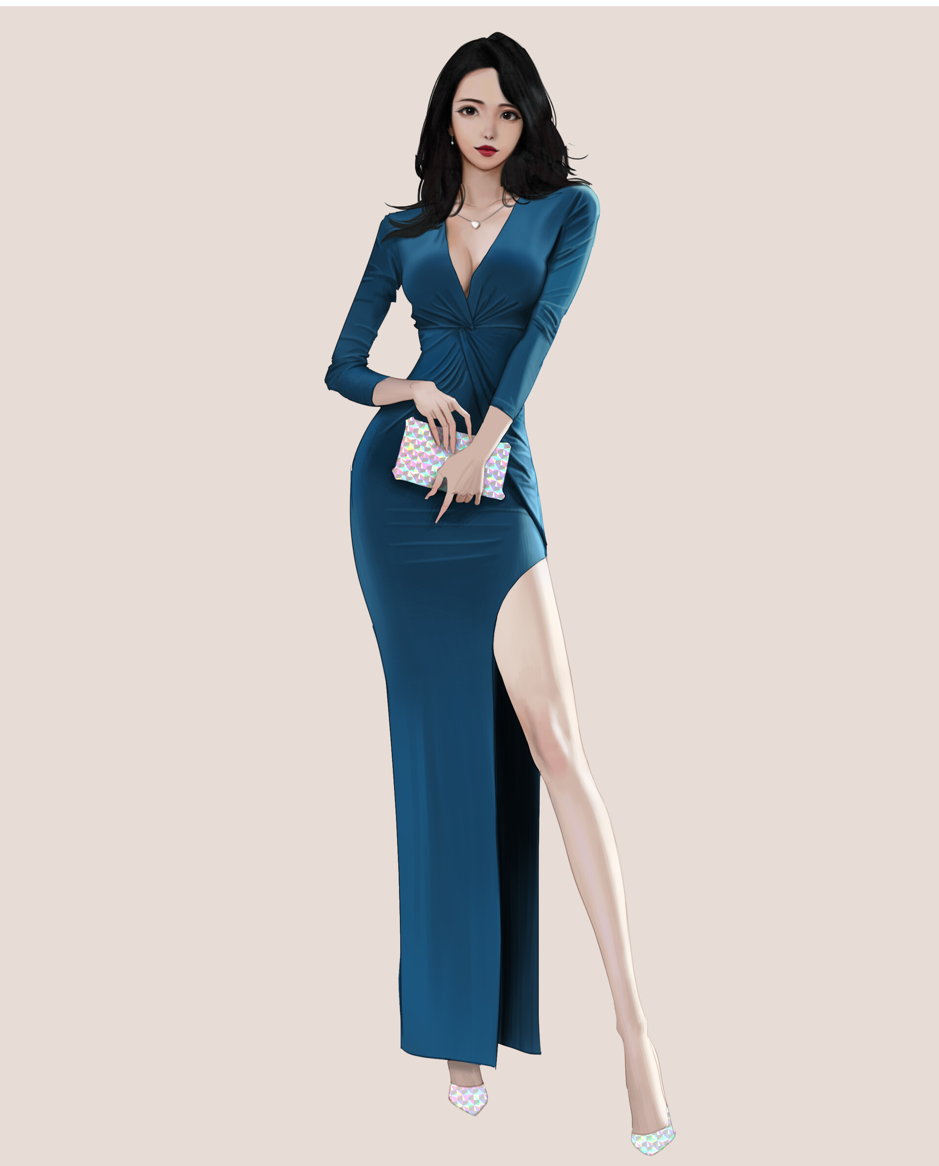 WB Lee Women Dark Hair Black Hair Brown Eyes Dress Blue Dress Artwork Fan Art Digital Art Asian 1920x2384