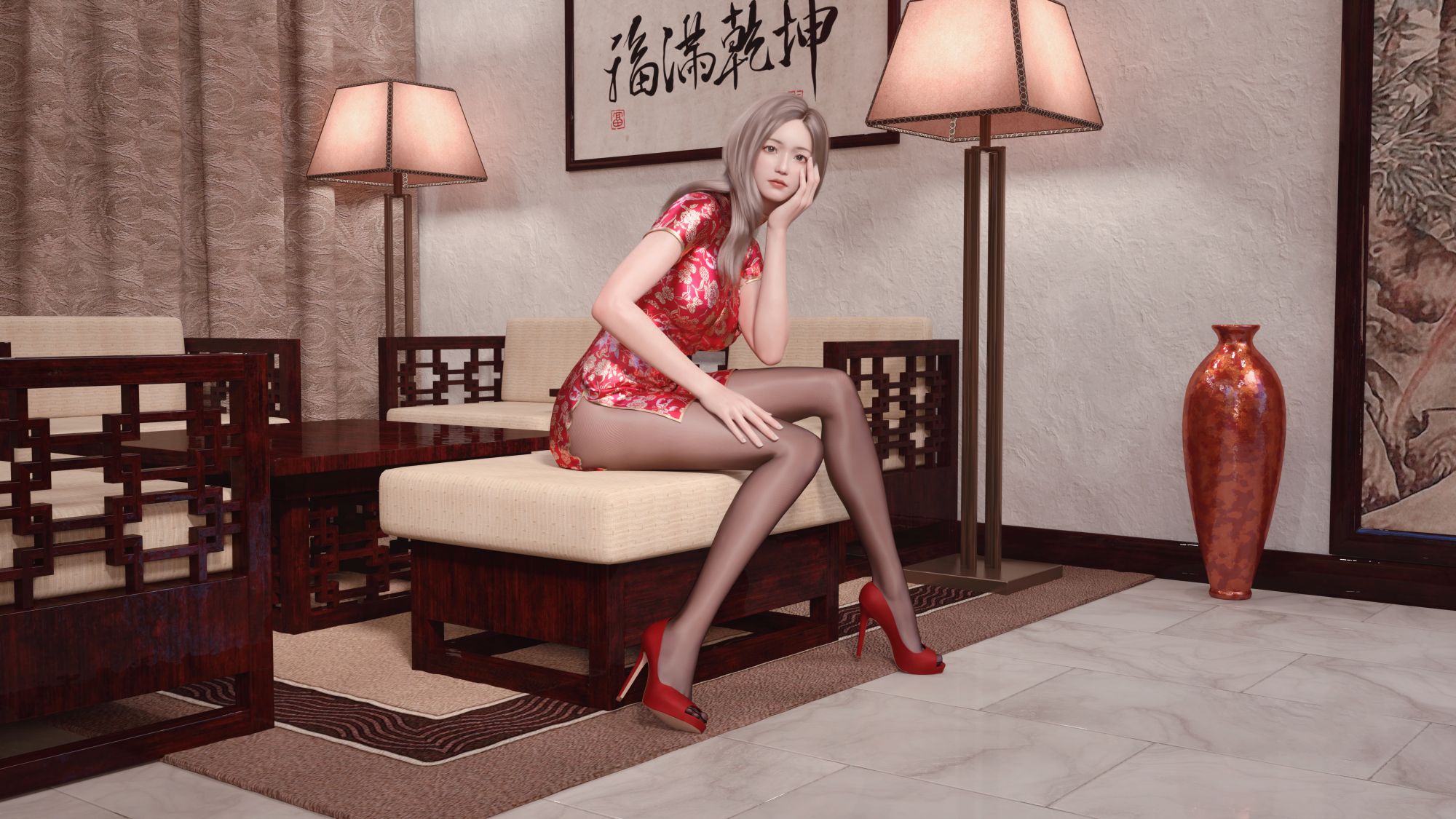 Women Foot Sole CGi Asian High Heels Cheongsam Qipao 2000x1125