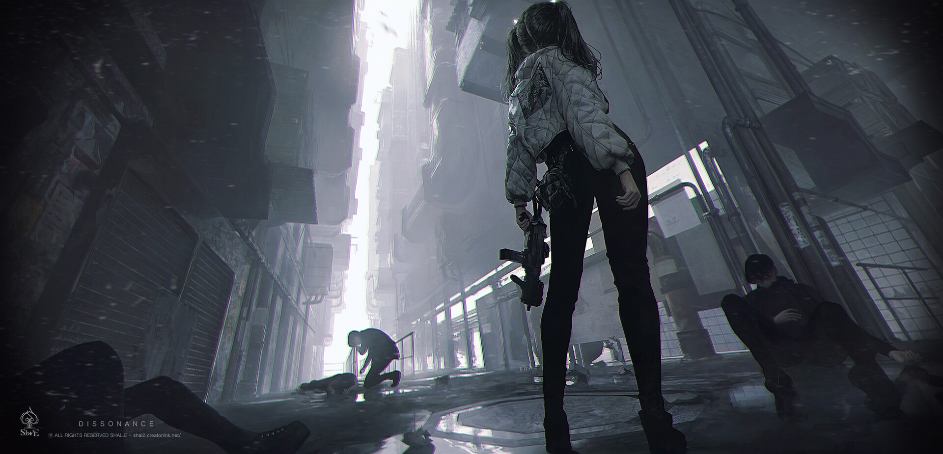 Shal E Drawing Women Pigtails Alleyway Weapon Submachine Gun Low Angle Jacket 1920x925