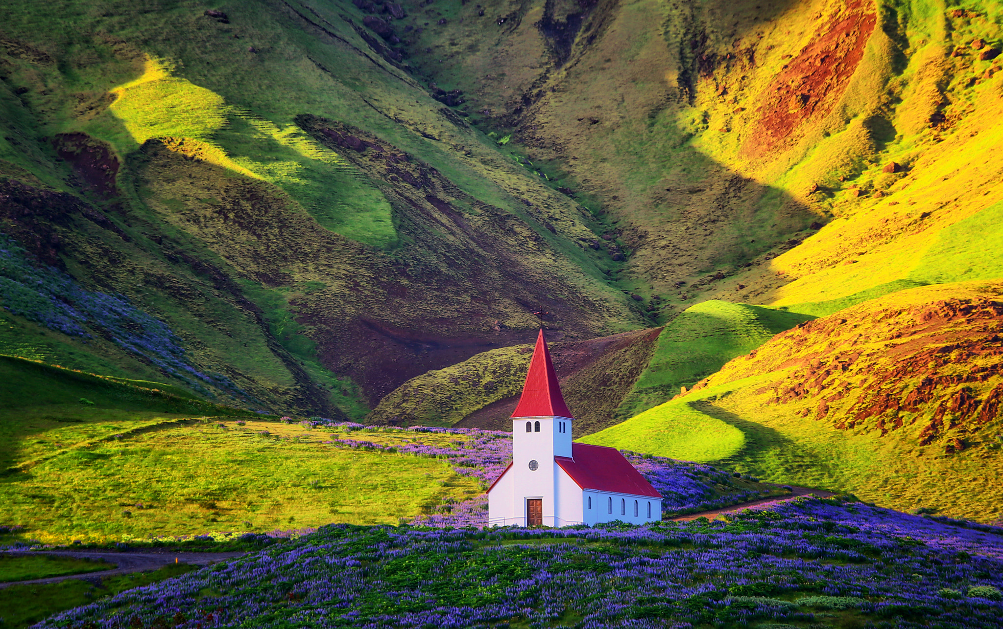 Yiannis Pavlis Landscape Iceland Summer Church Hills Flowers Shadow Sunlight 2048x1286