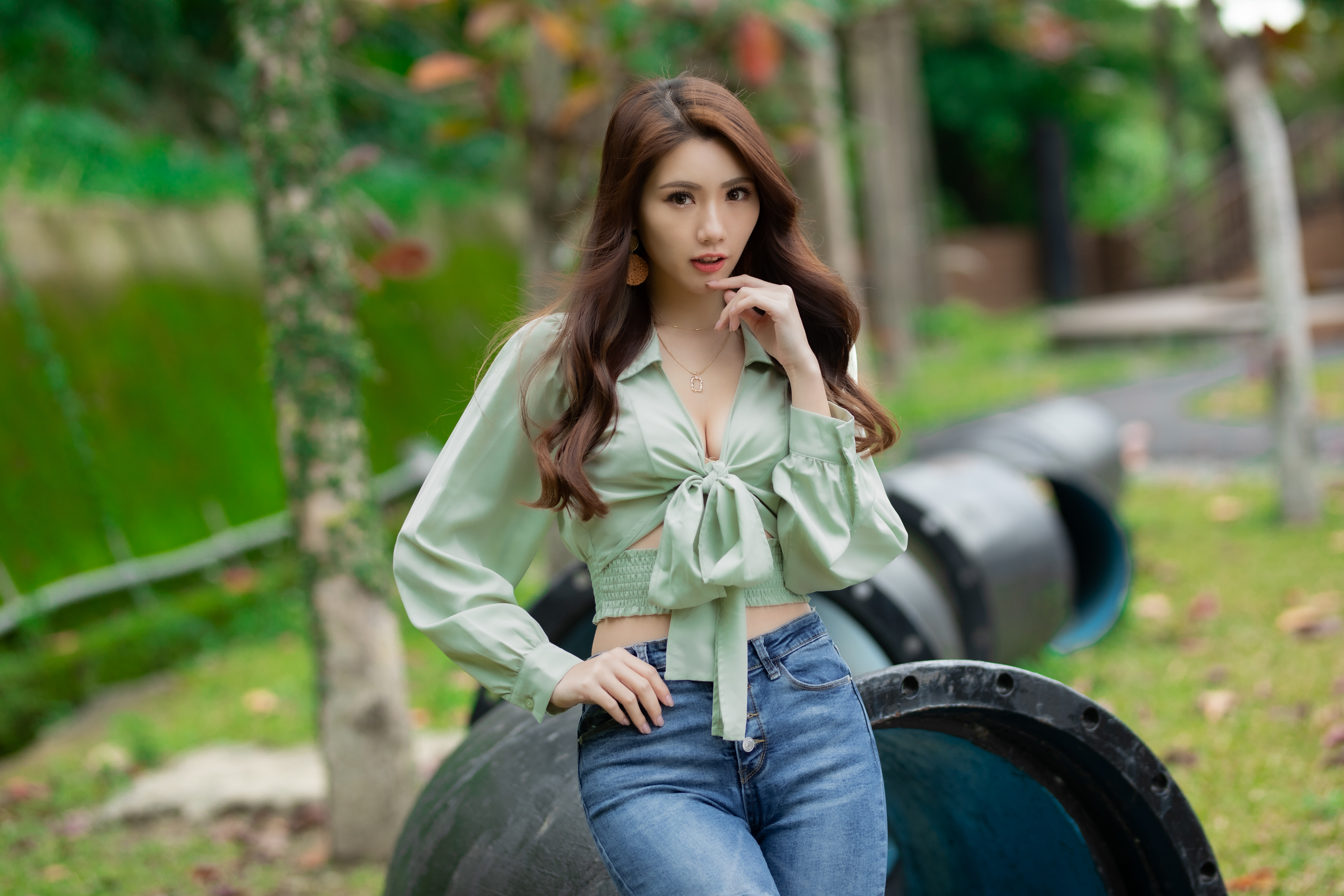 Asian Model Women Women Outdoors Long Hair Brunette Depth Of Field Jeans Blouse Earring Leaning Neck 3840x2560