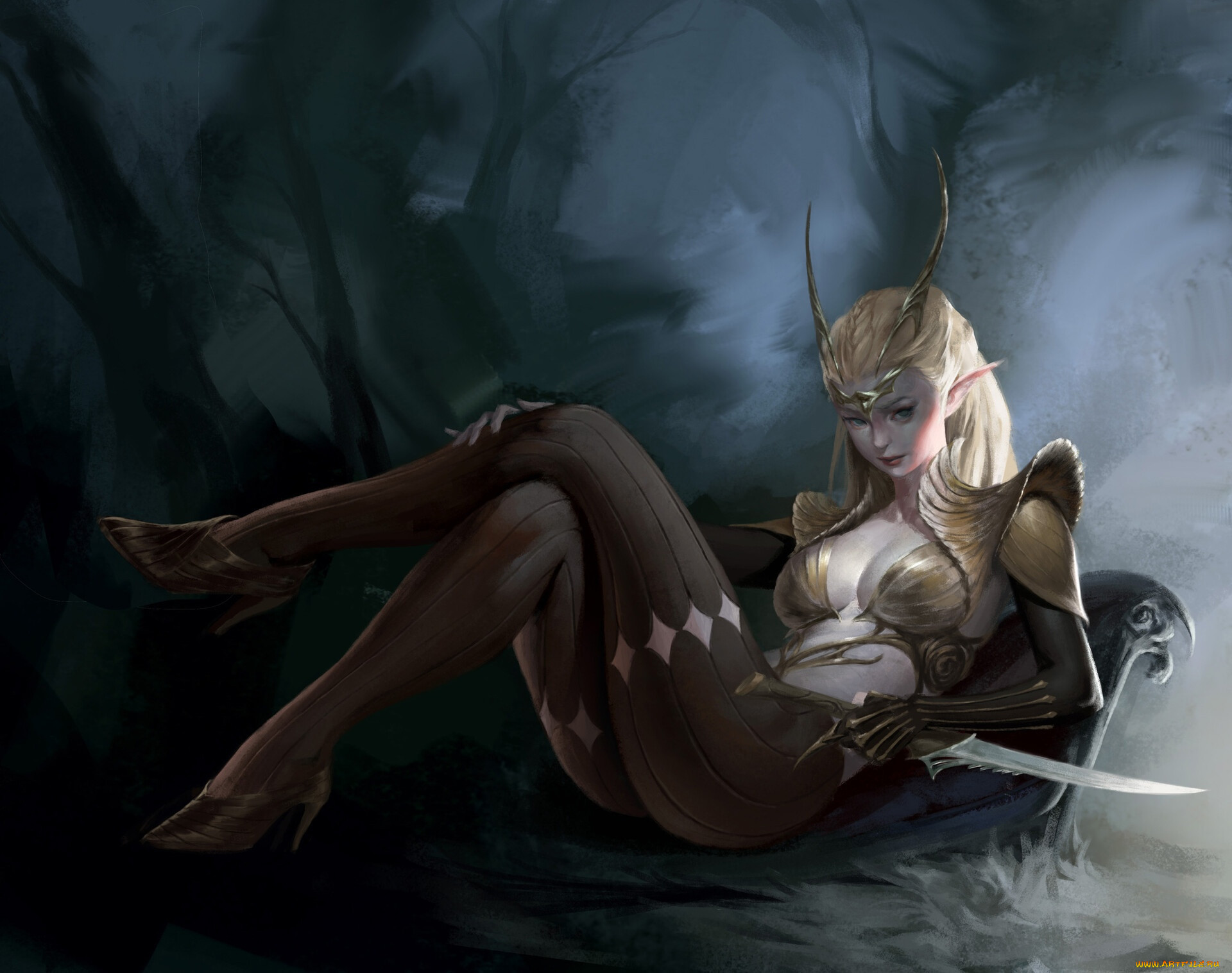 Artwork Women Fantasy Art Fantasy Girl Heels Legs Legs Crossed Blonde Looking At Viewer Dagger Point 1920x1517