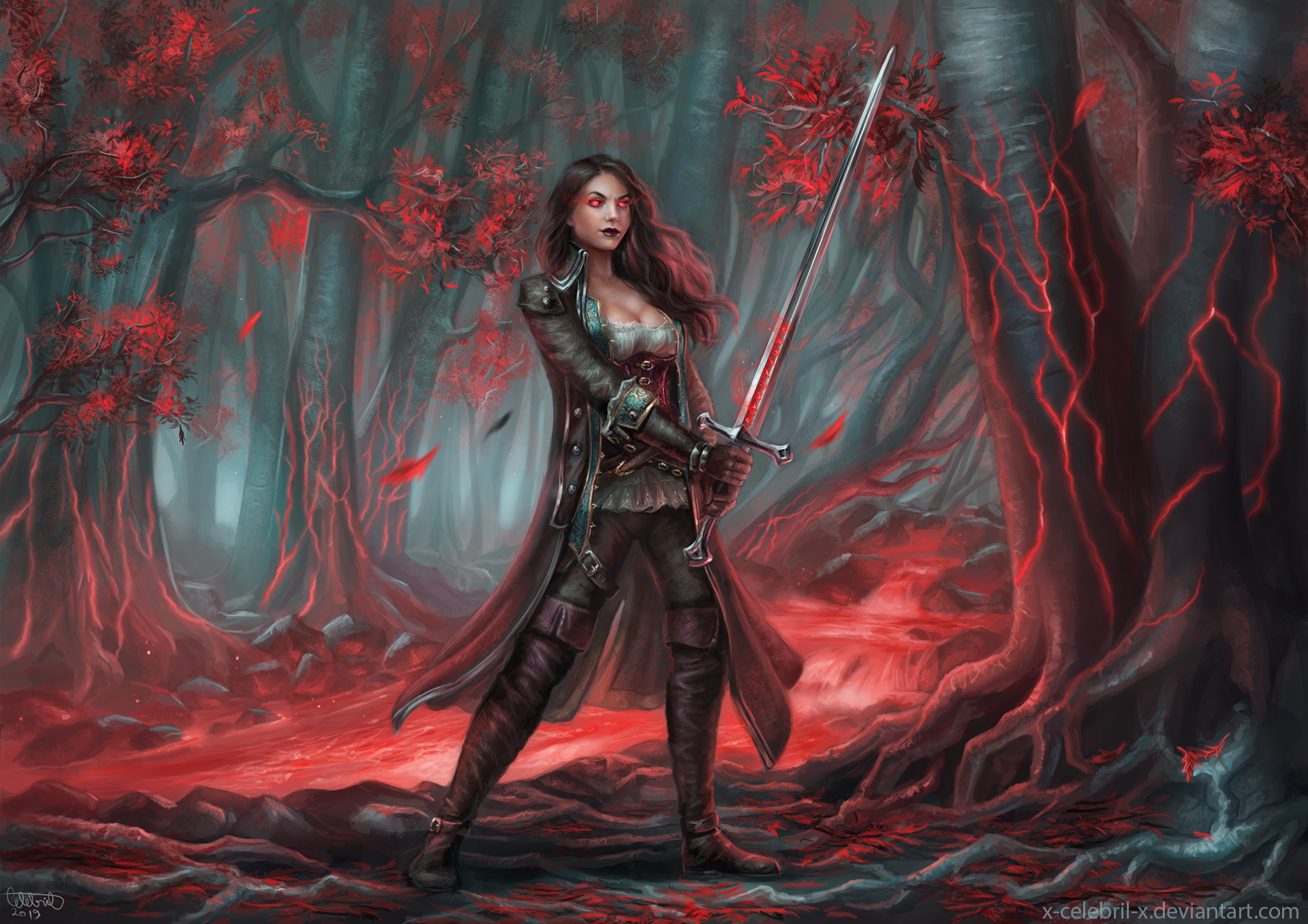 Woman Warrior Sword Girl Red Eyes 1920x1357