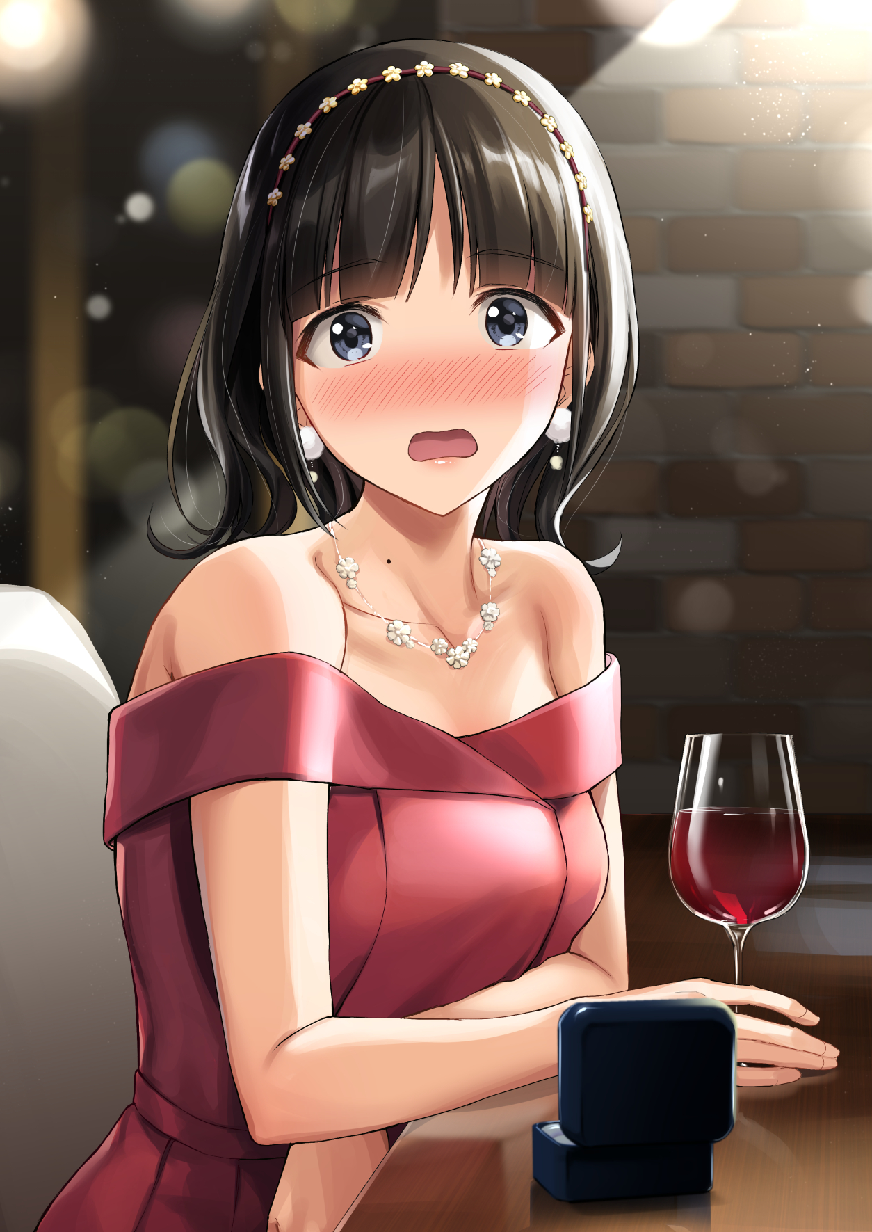 Anime Girls Nijisanji Suzuka Utako Oimo Red Dress Wine Black Hair Blue Eyes Blushing Dress Sitting 1254x1771