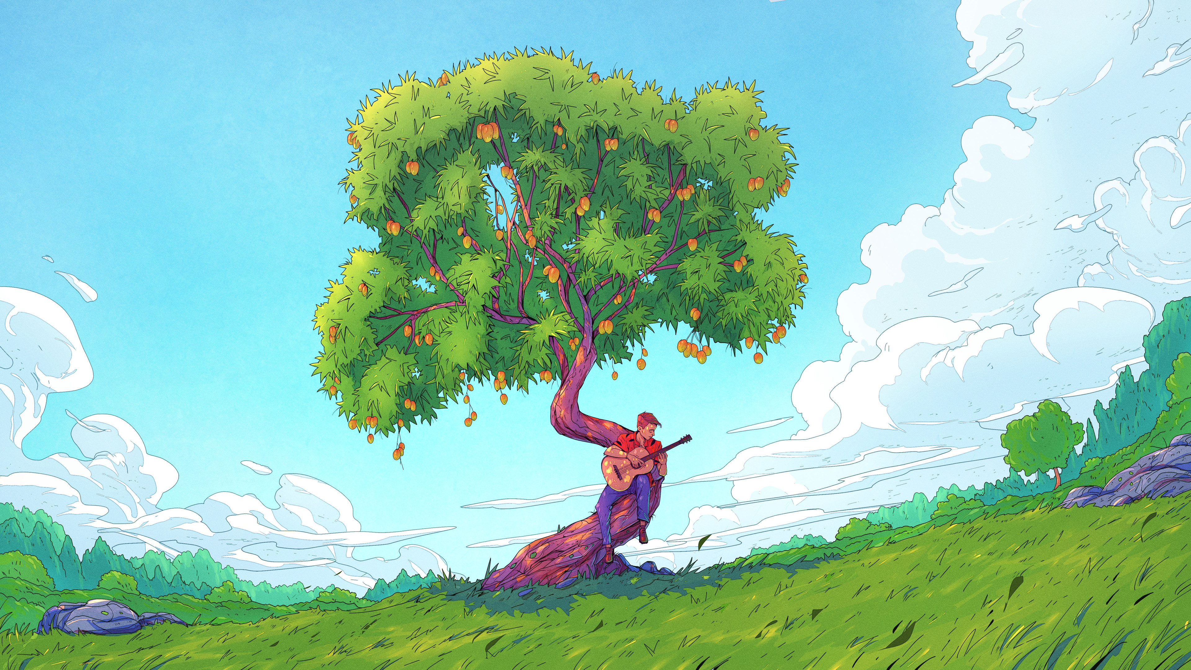 Christian Benavides Digital Art Fantasy Art Guitar Clouds Trees Pear Tree 3840x2160