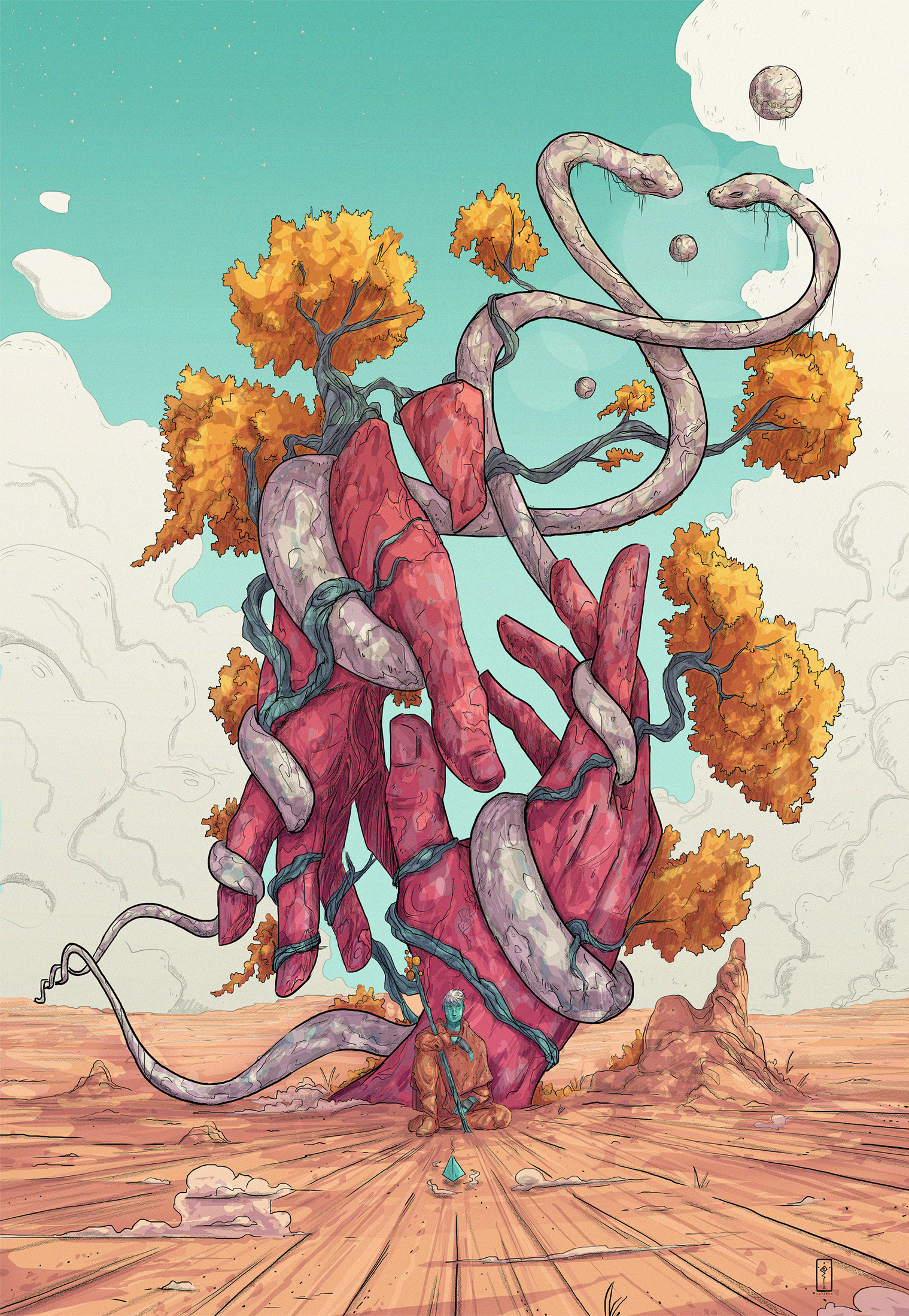 Christian Benavides Digital Art Fantasy Art Surreal Desert Snakes Trees Hands Clouds 1519x2198