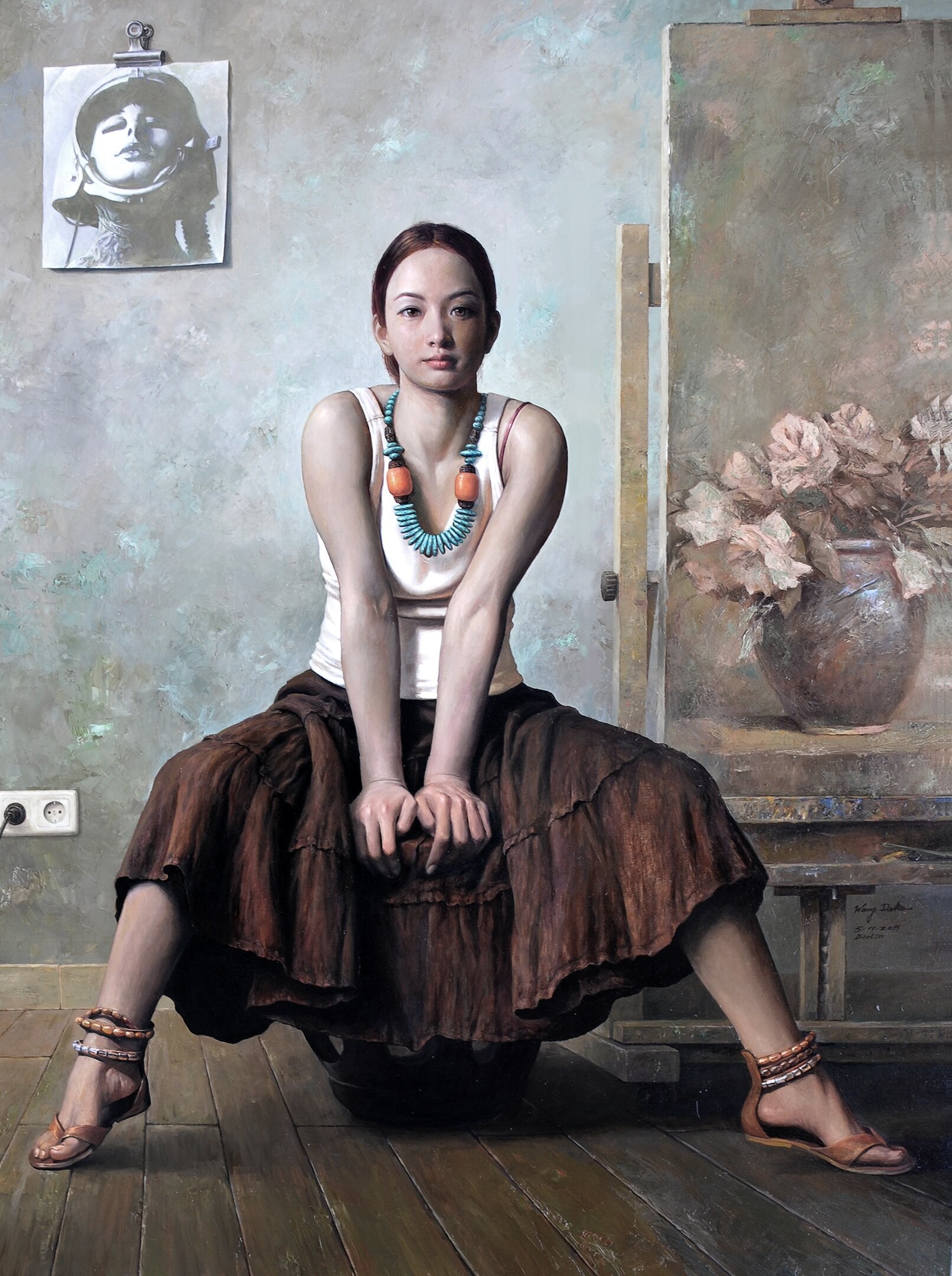 Dake Wang Women Artwork Sitting ArtStation Looking At Viewer Women Indoors Skirt Necklace 1612x2160