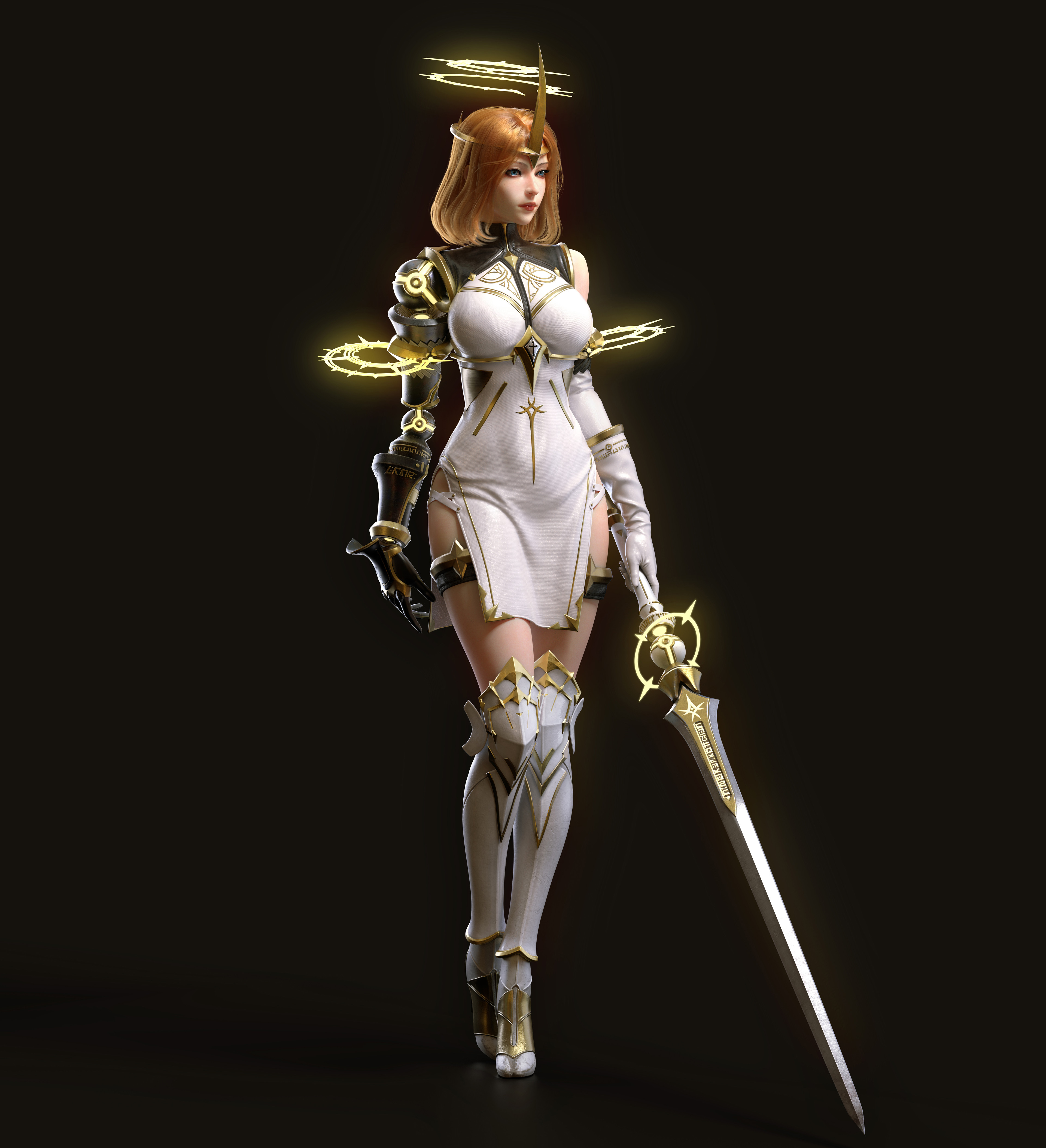 Cifangyi CGi Women Redhead Dress Armor White Clothing Warrior Weapon Sword Simple Background Cyborg 3840x4216