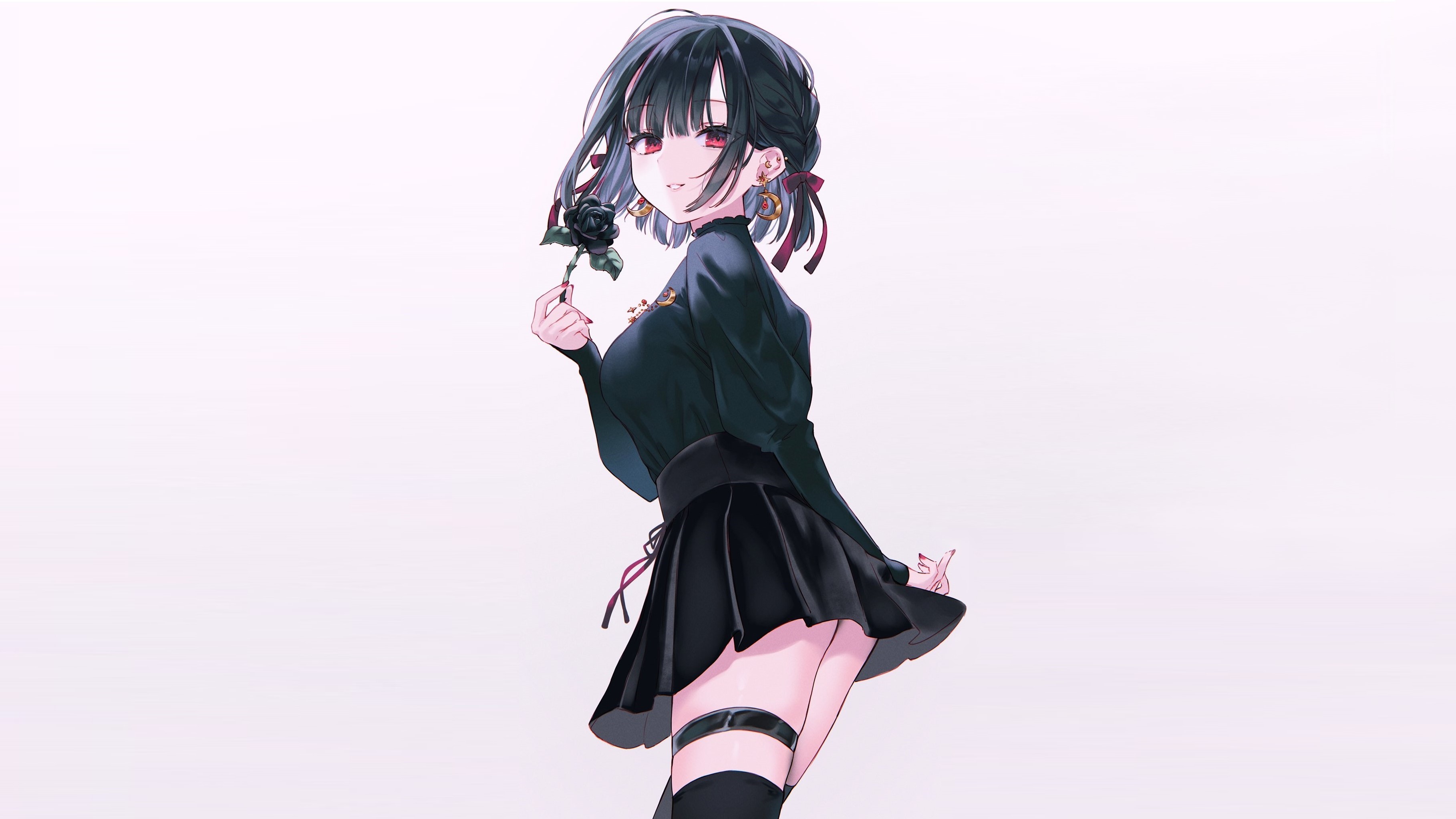Original Characters Simple Background Short Hair Looking At Viewer Bangs Red Eyes Thigh Highs Rose D 3635x2045