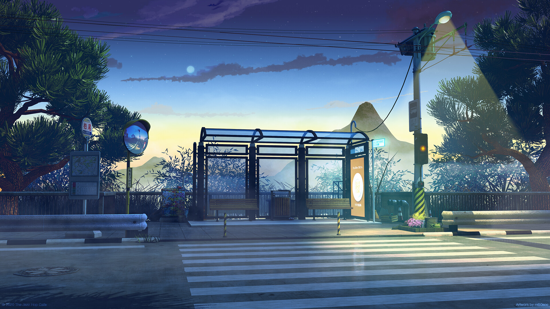 Digital Art Artwork Bus Stop Street Japan City LoFi Sunset 1920x1080
