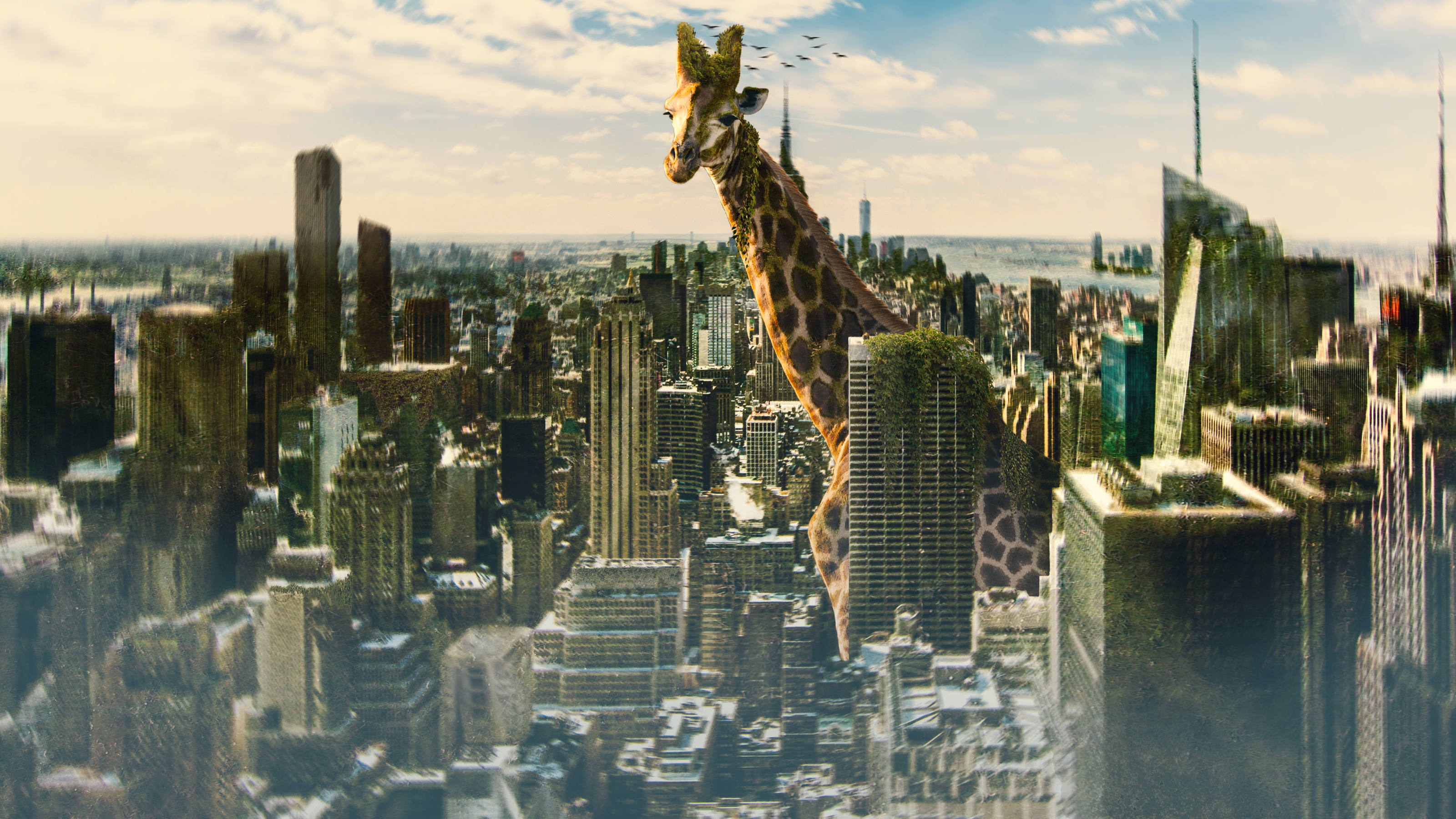 Giraffes City Green Grass Urban Digital Photoshopped New York City Animals 3200x1800