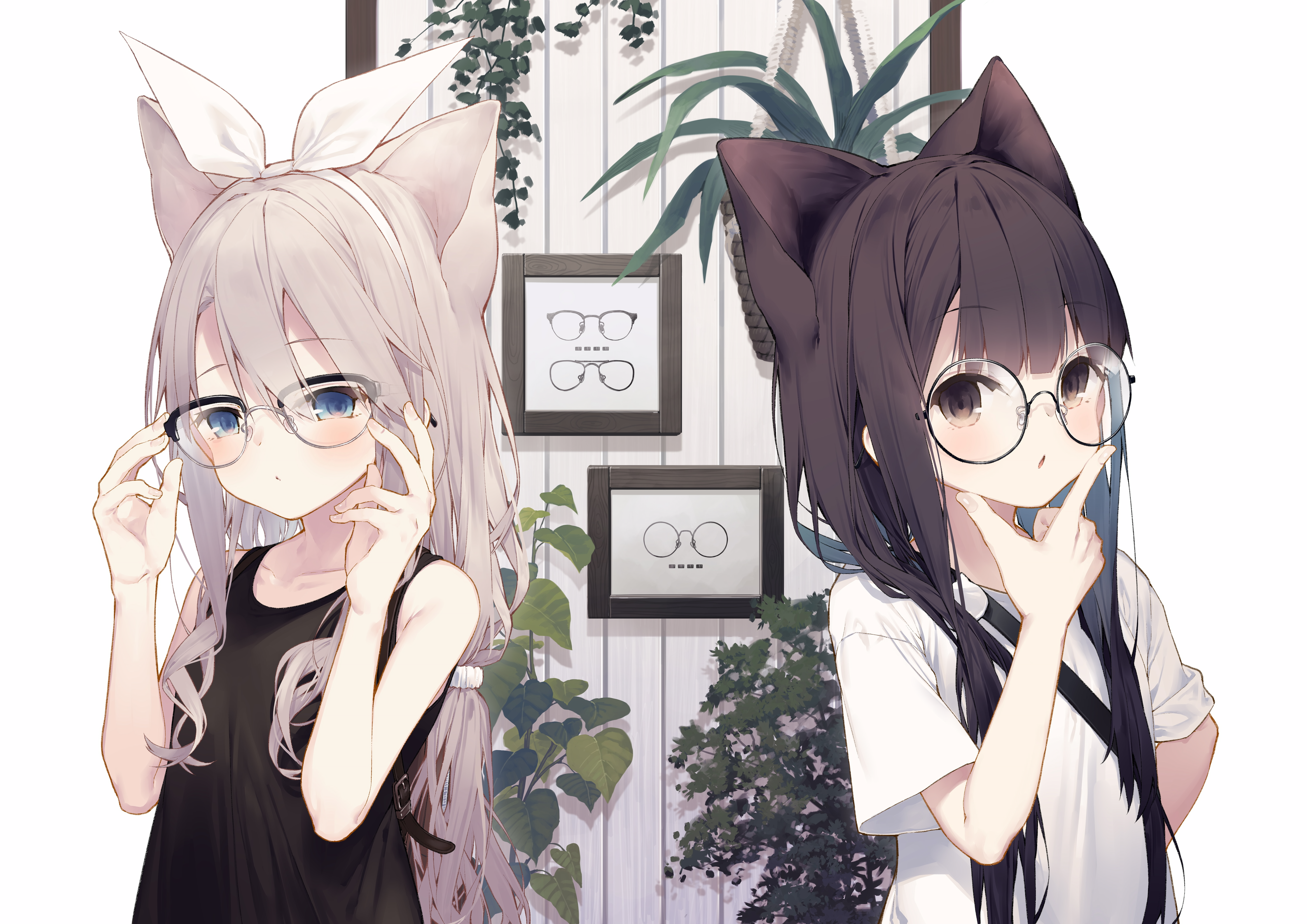 Anime Girls Original Characters Glasses Animal Ears Long Hair Gray Hair  Black Hair Wallpaper - Resolution:5787x4093 - ID:1263073 
