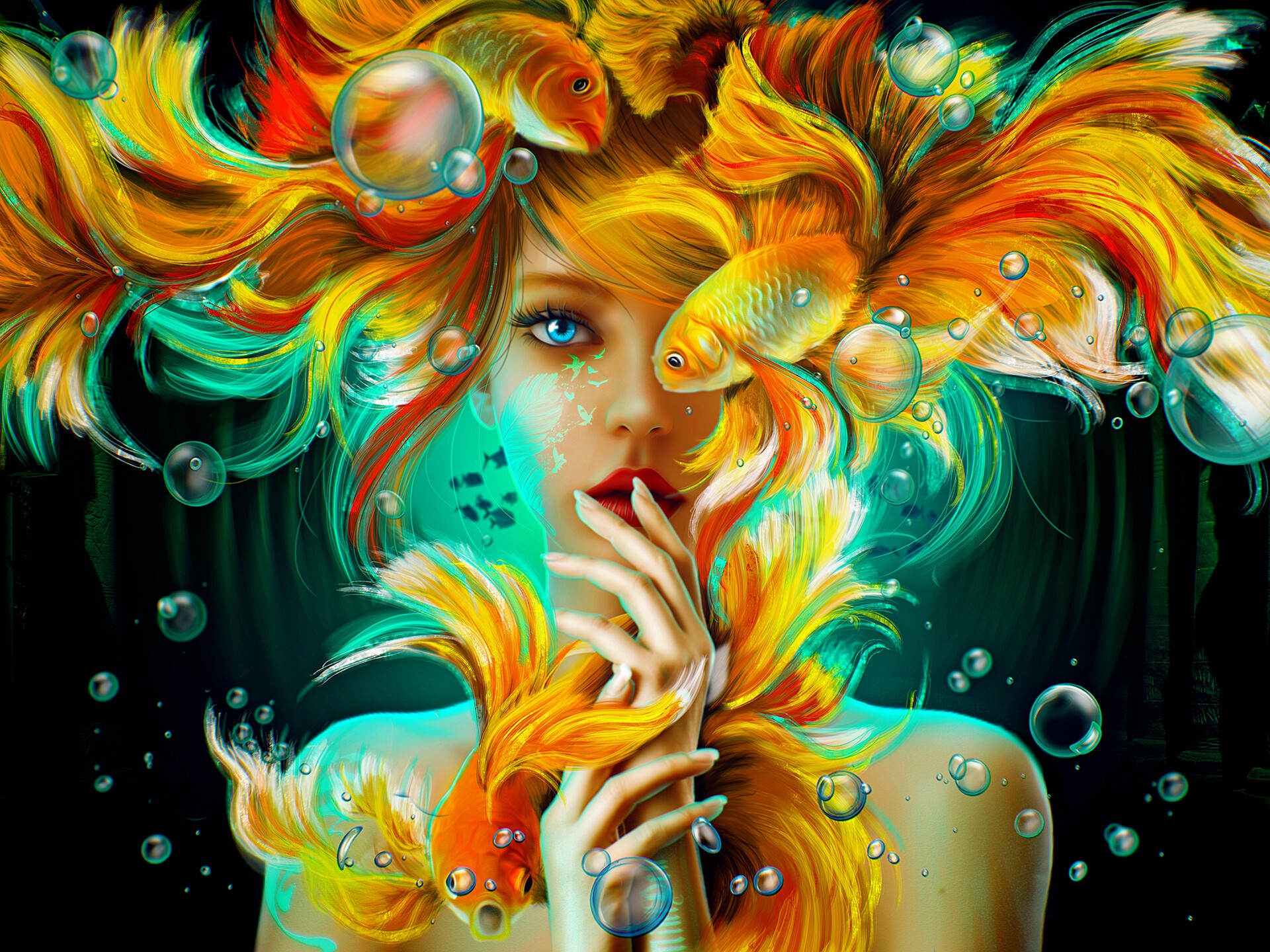 MiniDem Women Fantasy Girl Redhead Blue Eyes Fish Hair In Face Underwater Finger On Lips Animals Bar 1920x1440