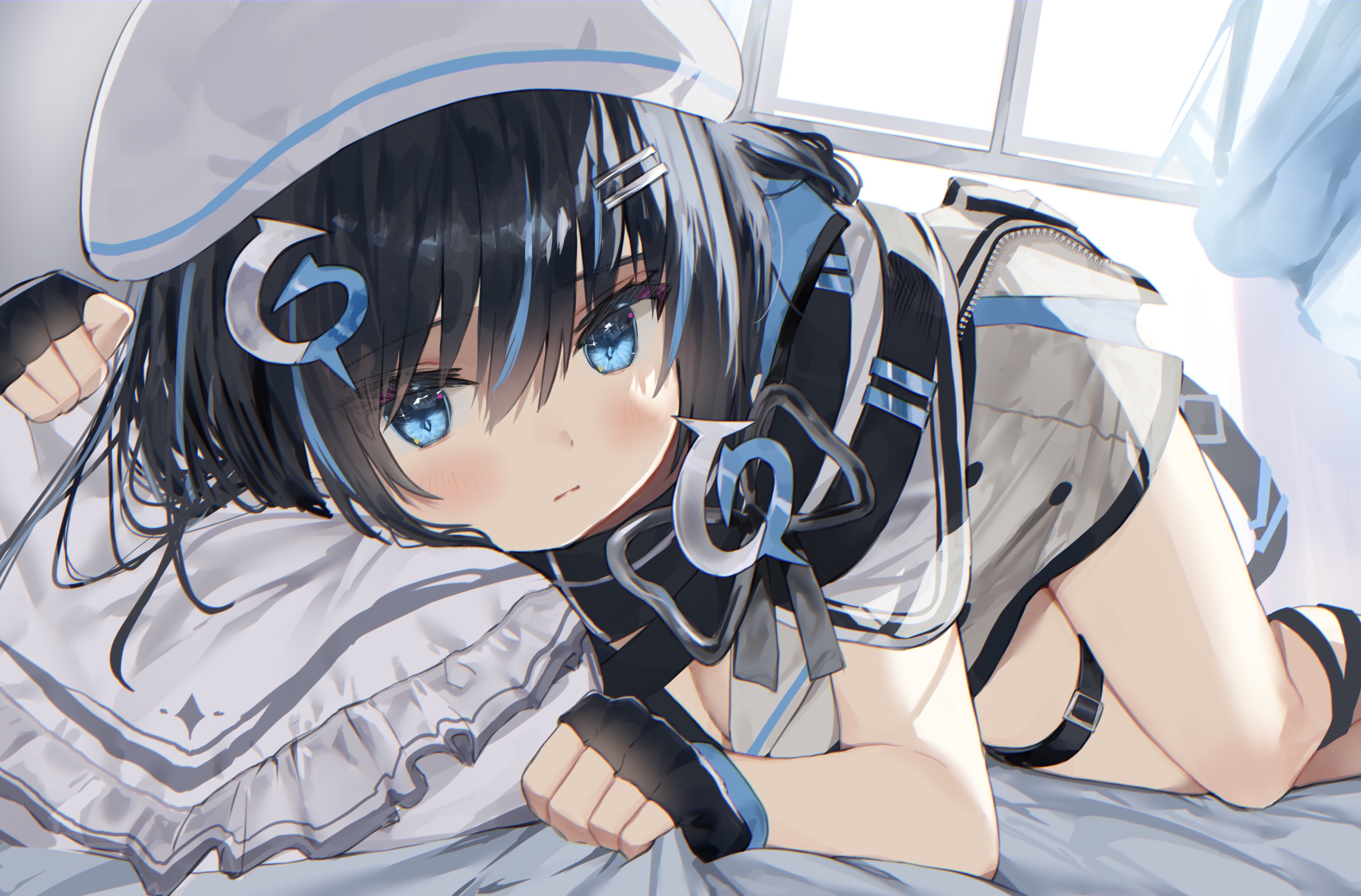 Anime Anime Girls Blue Eyes Black Hair Hat Women With Hats Legs Together In Bed MashiroKta Artwork 3491x2299