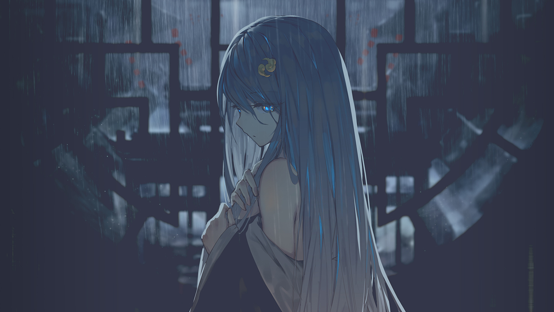 Honkai Impact 3rd Fu Hua Anime Anime Girls Long Hair Rain Aqua Eyes Blue Hair Sad 1920x1080