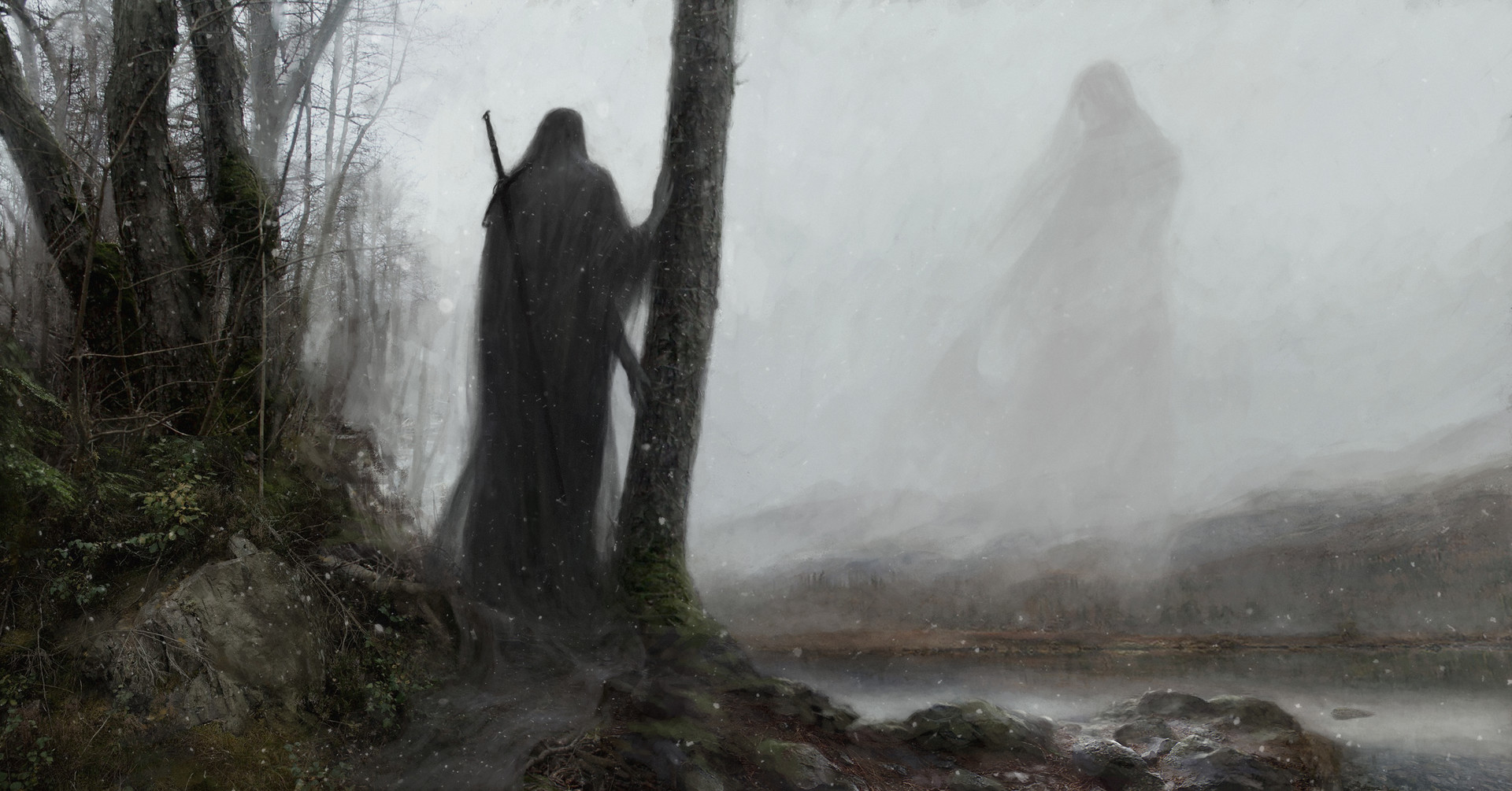 Artem Demura Dark Digital Art Fantasy Art Trees Mist Giant Sword 1920x1005