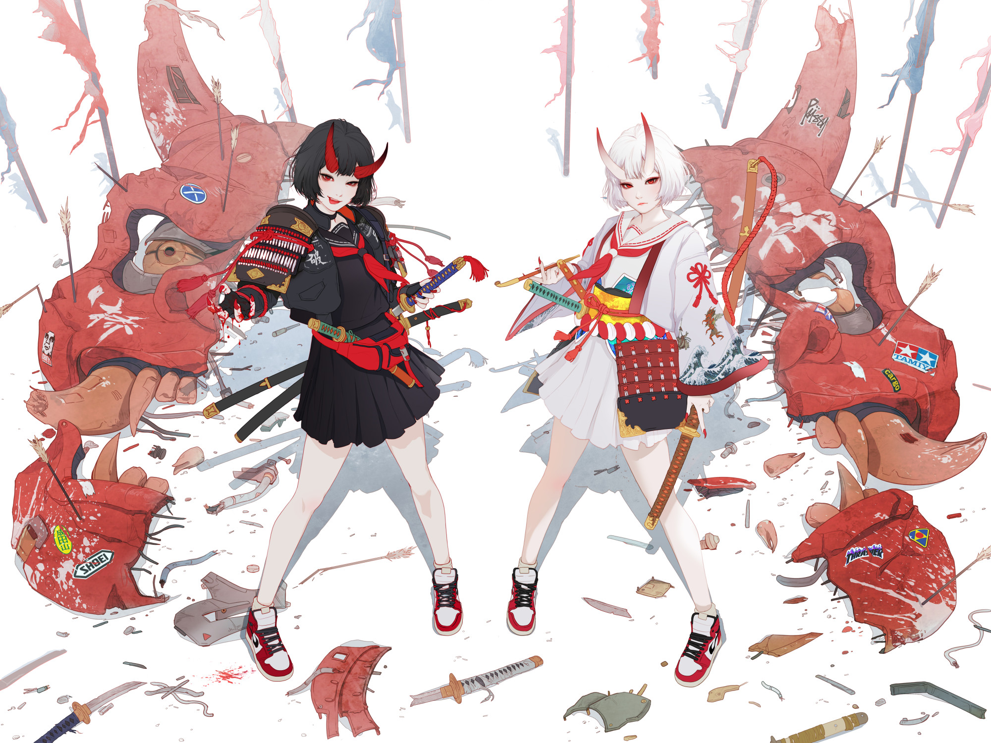 Park JunKyu Anime Girls Anime Horns Sword Women With Swords 2000x1500
