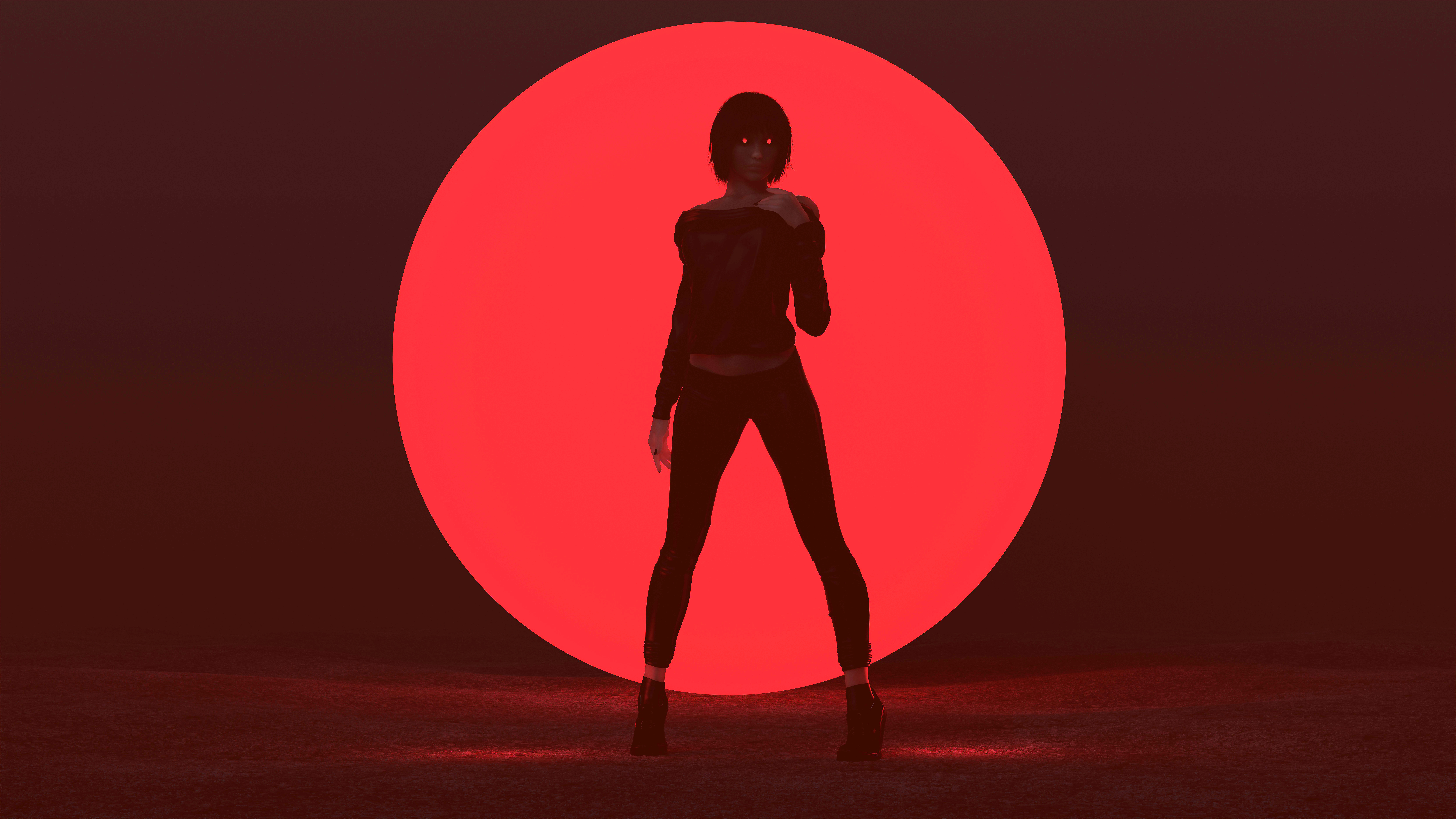 Women 3D Creepy Red Artwork Futuristic Glowing Dark Halloween Horror Lights Vampires Standing Shadow 10000x5625