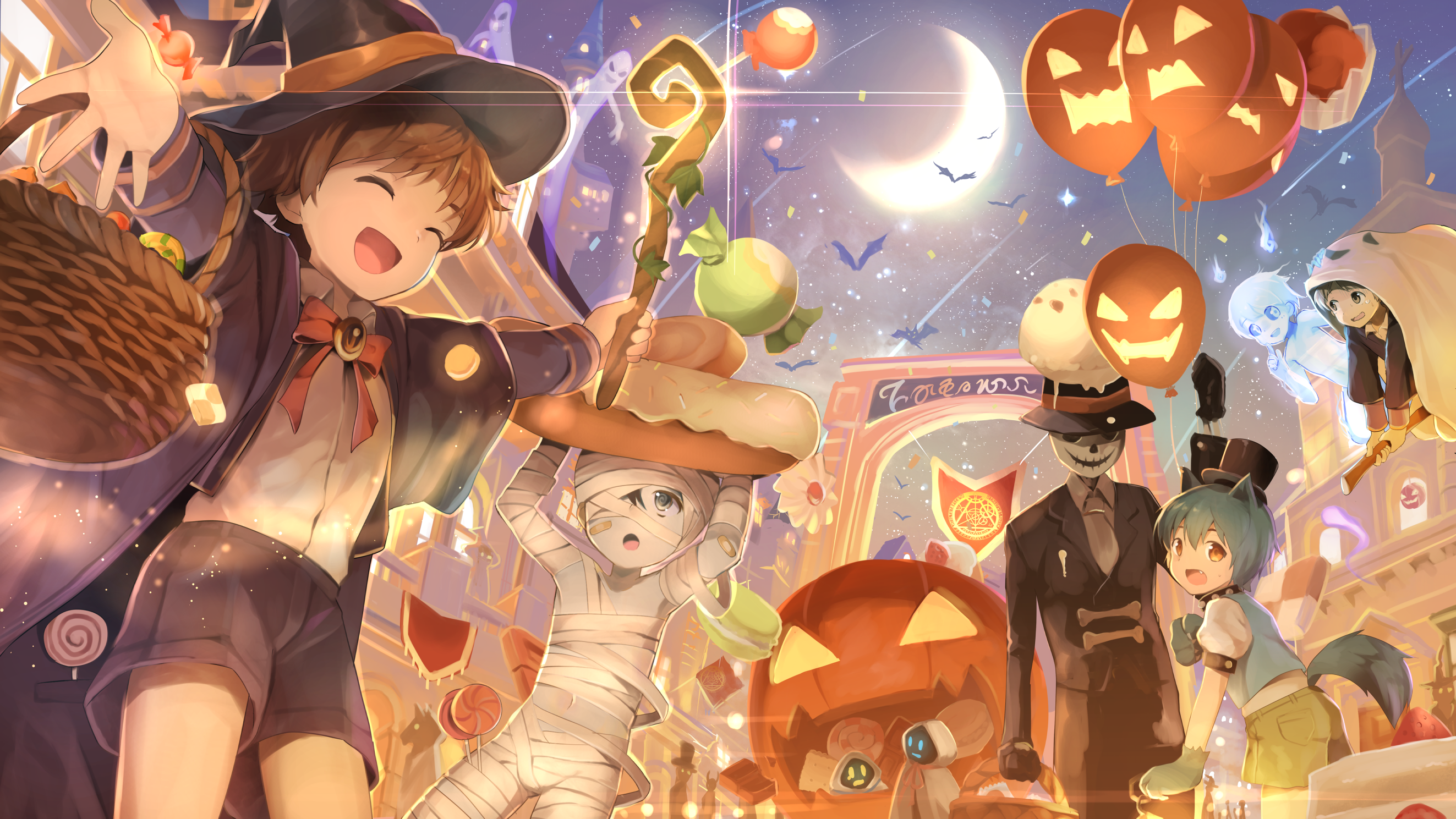 Halloween Candy Ghost Bats Mummy Pumpkin Balloon Cat Boy Witch Night Jack O Lantern 2646x1489