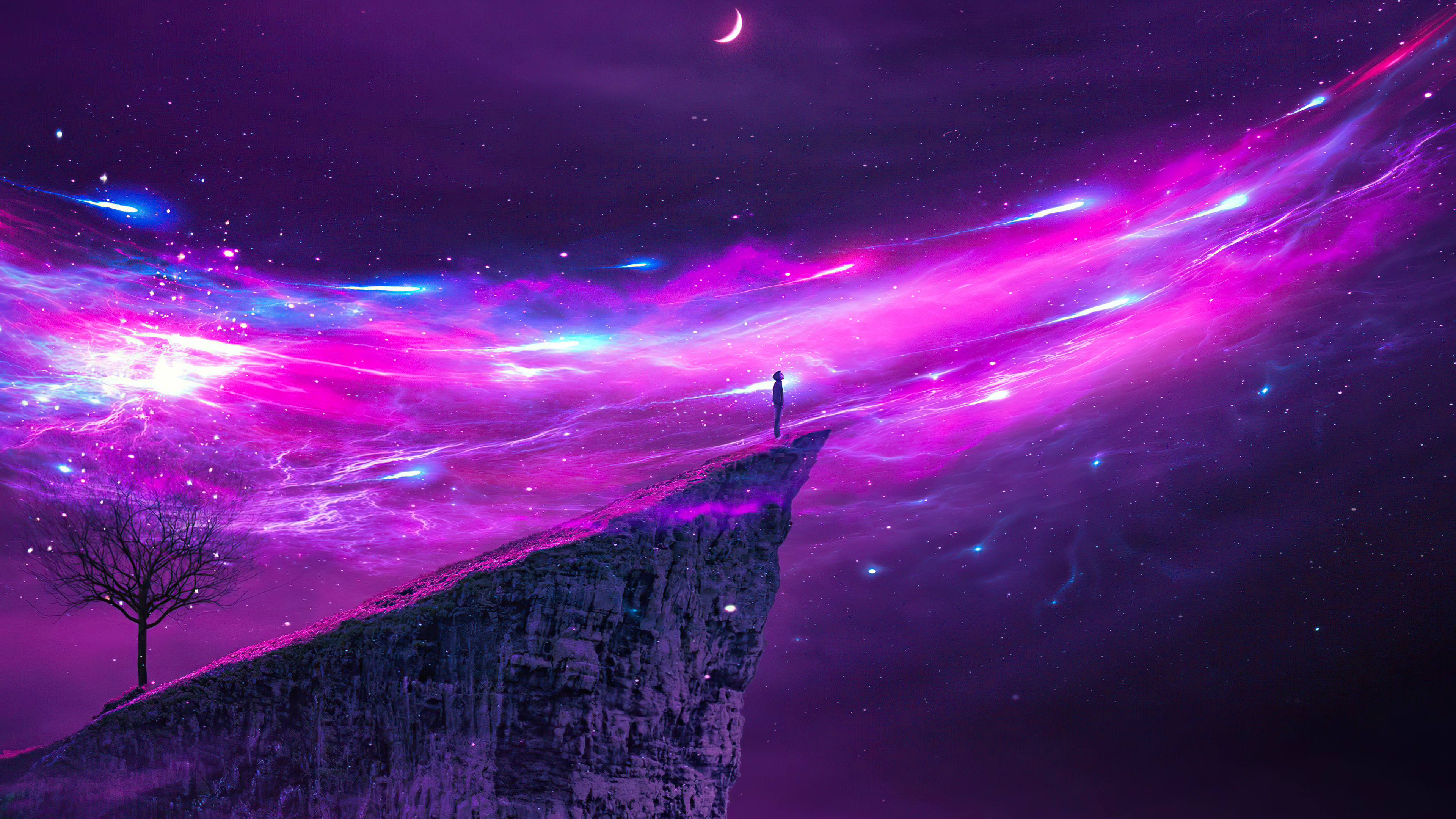 Illustration Artwork Digital Art Landscape Cliff Space Purple Sky Trees Moon Night 3840x2160