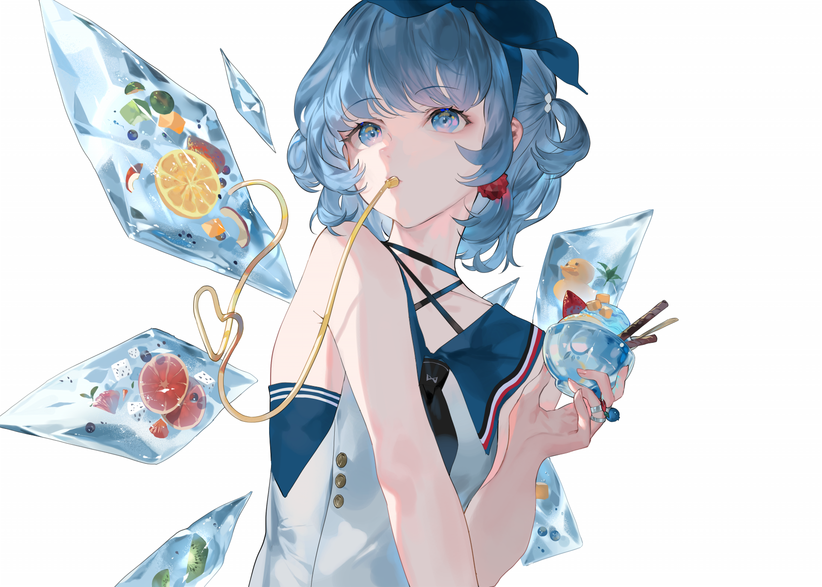 Anime Anime Girls Simple Background Touhou Cirno Lemons Grapefruits Rubber Ducks Blue Hair REEH 1680x1200