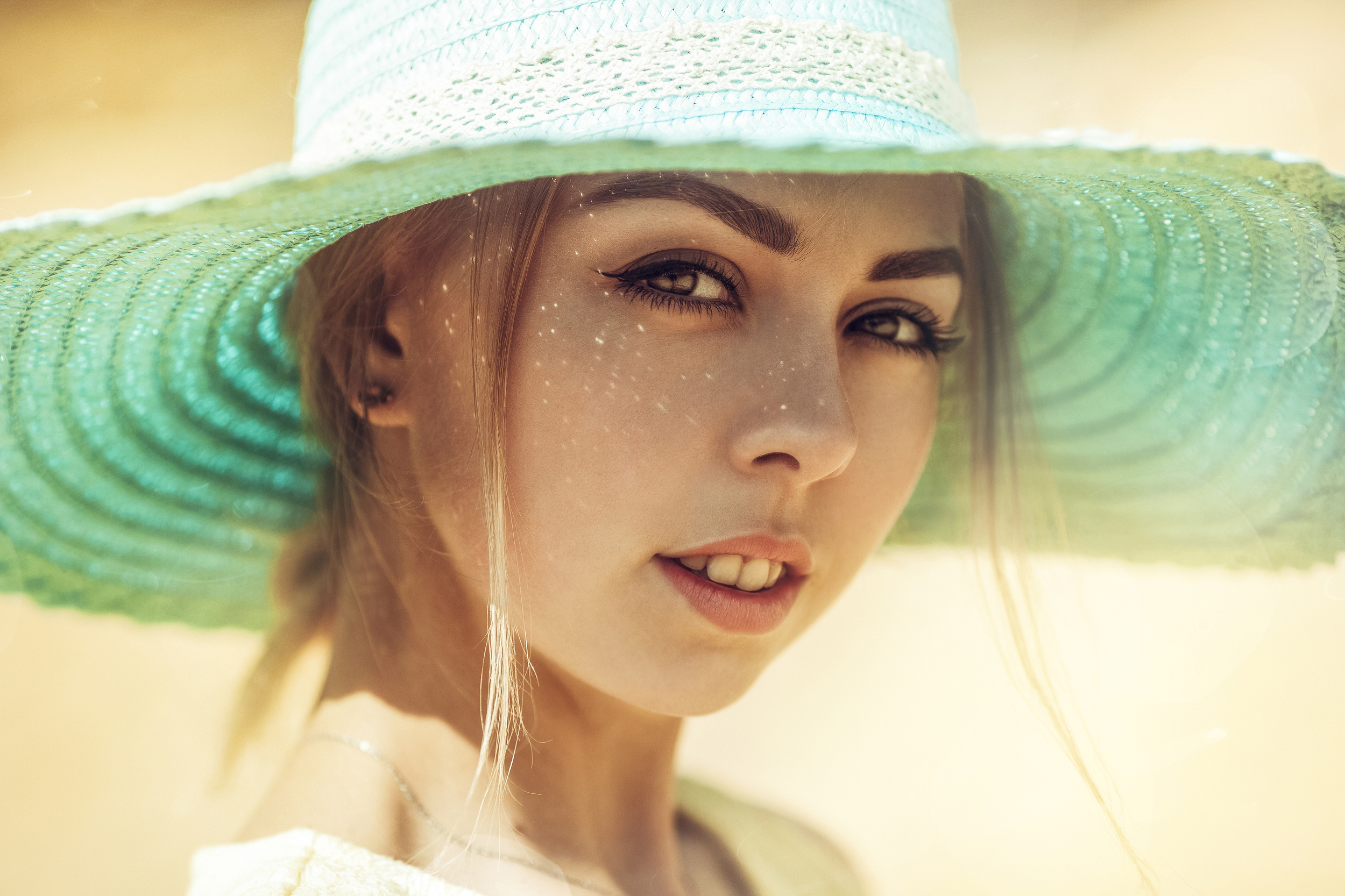 Women Model Blonde Long Hair Face Sunlight Hat Women With Hats Teeth Looking At Viewer 2500x1666