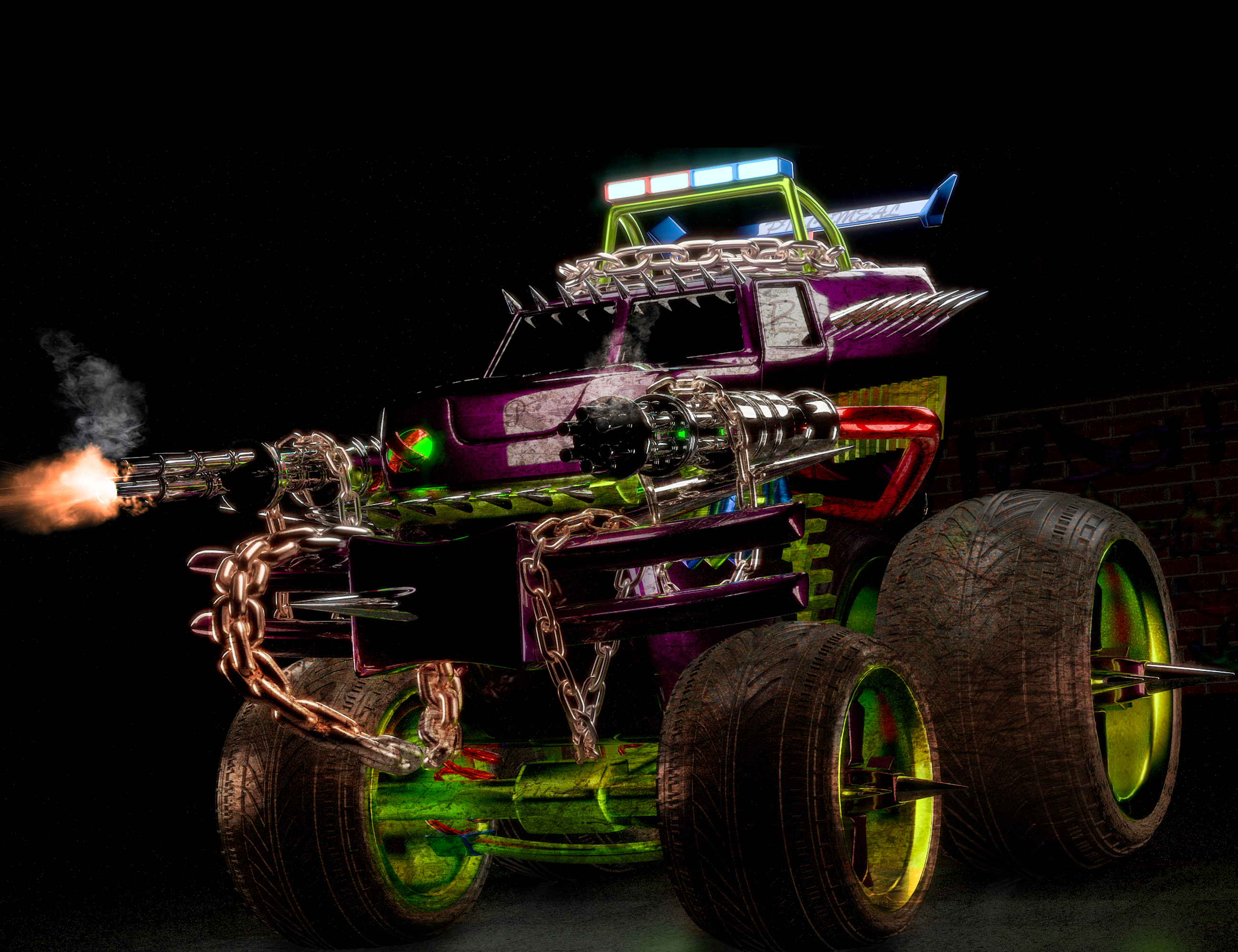 Twisted Metal Video Game 3D Truck Wheels Gunships 2600x2000