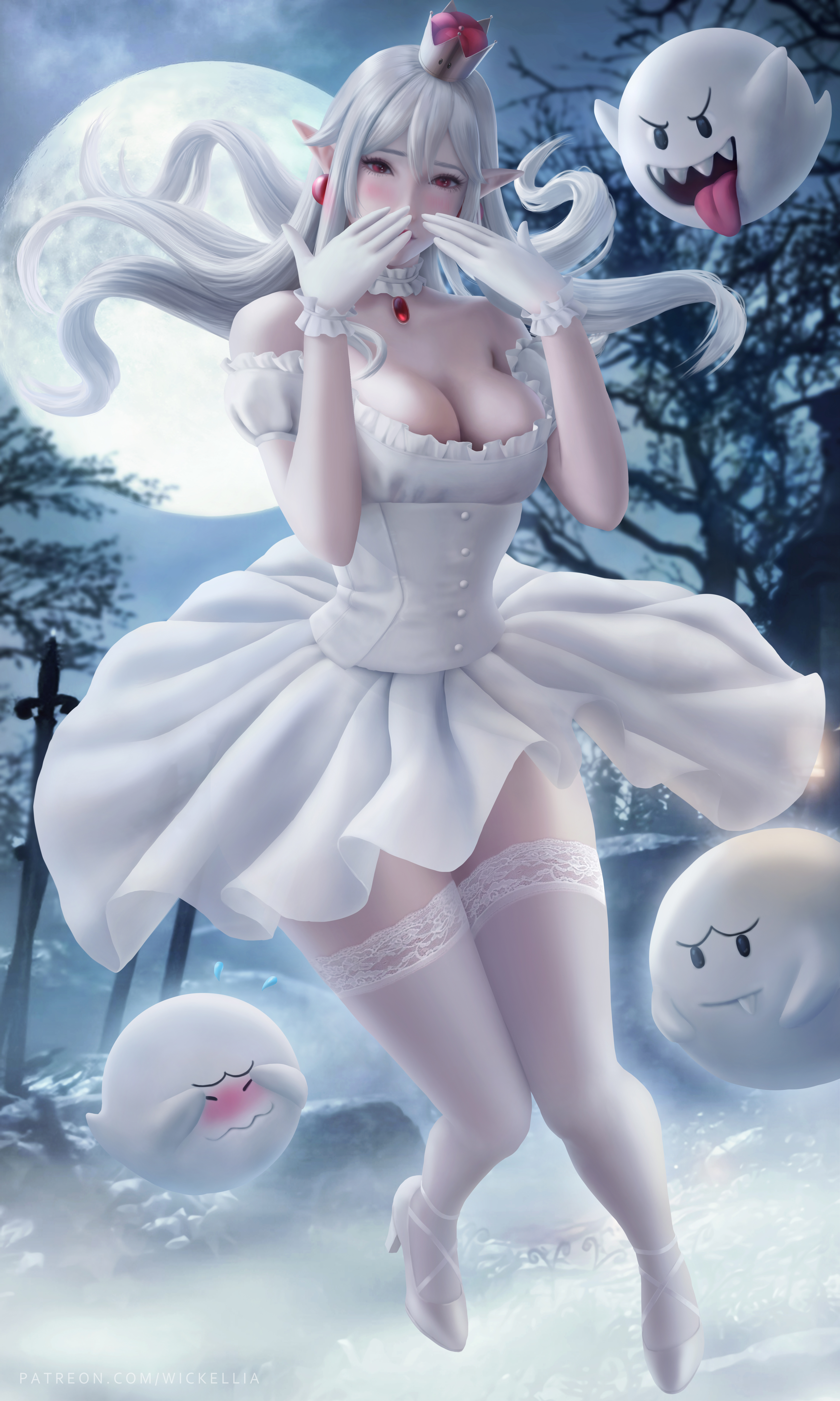 Boosette Super Mario Bros Video Games Pointy Ears Bare Shoulders Dress White Dress Blushing Gloves G 3900x6500