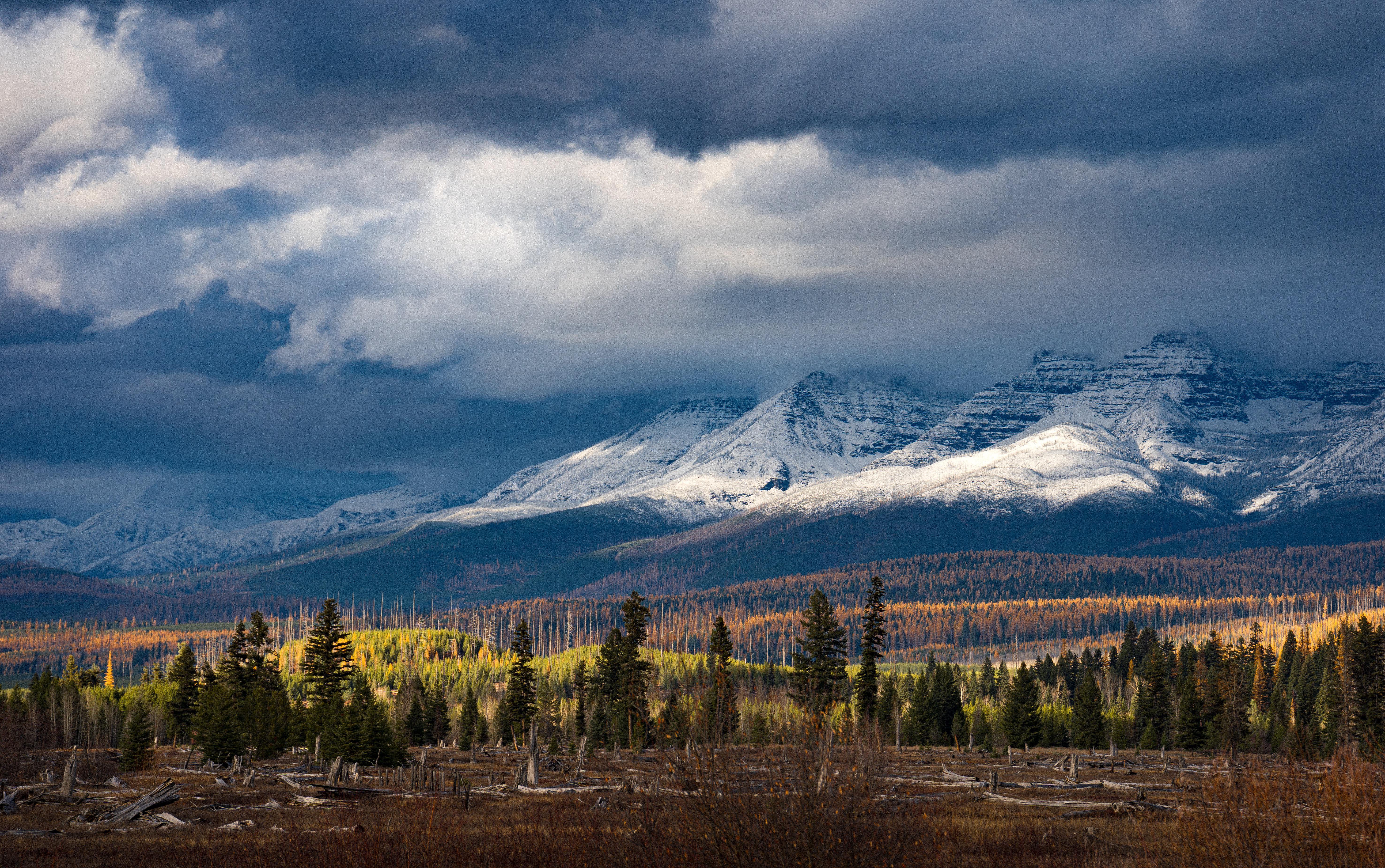 Rocky Mountains Montana Forest Clouds Snow Nature Landscape 5906x3701